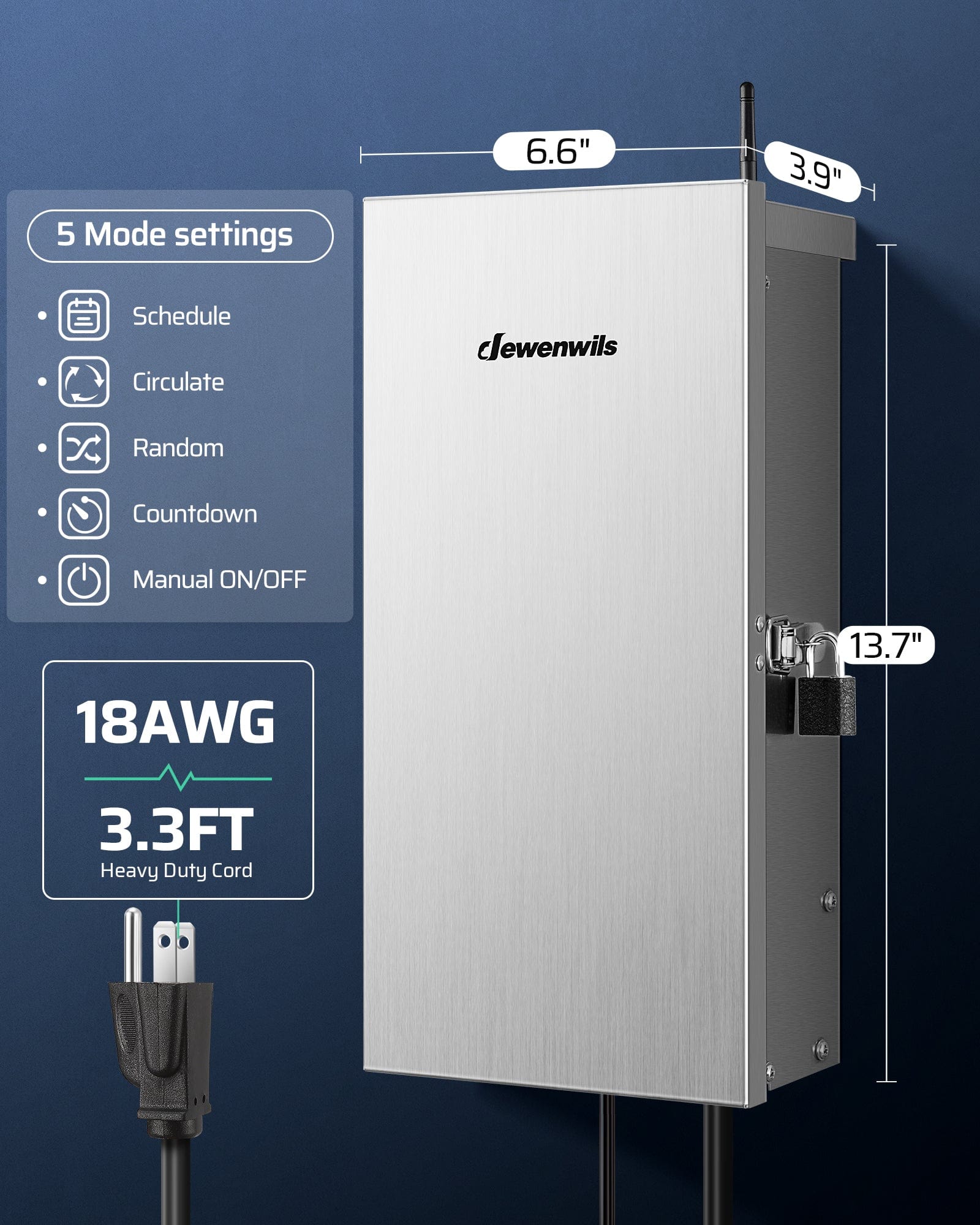 DEWENWILS 300W Low Voltage Landscape Lighting Transformer Five Mode Settings 18AWG 3.3FT Cord Dimensions 6.6 In Long 3.9 In Wide 13.7 In High