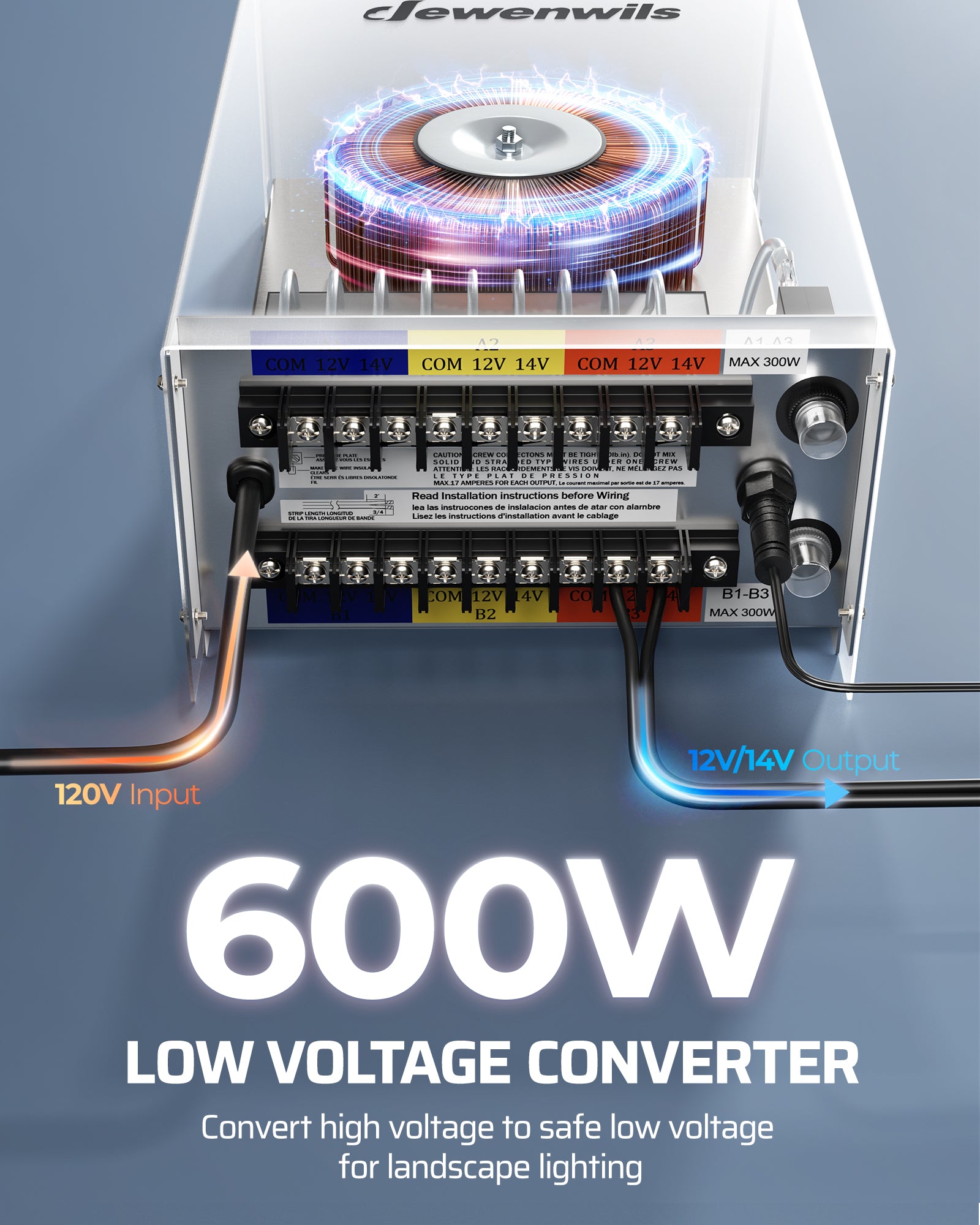 DEWENWILS 600W Low Voltage Landscape Lighting Transformer converts high voltage to safe low voltage for landscape lighting with a 120V AC input and 12V or 14V AC output