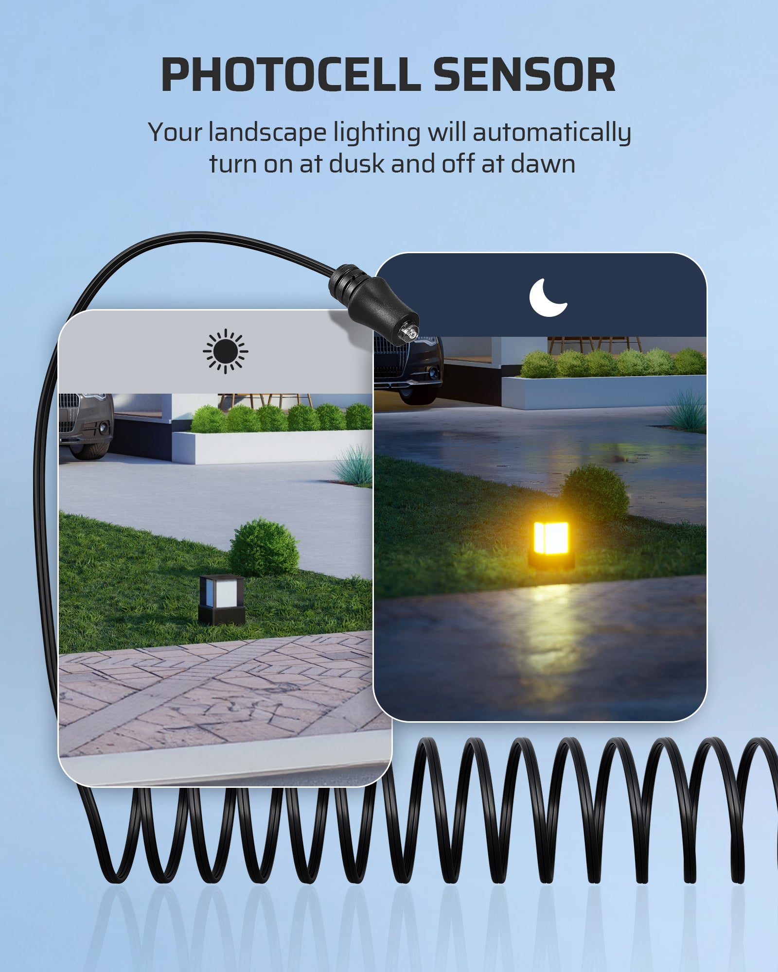 DEWENWILS 600W Low Voltage Landscape Lighting Transformer features a photocell sensor that automatically turns your landscape lighting on at dusk and off at dawn