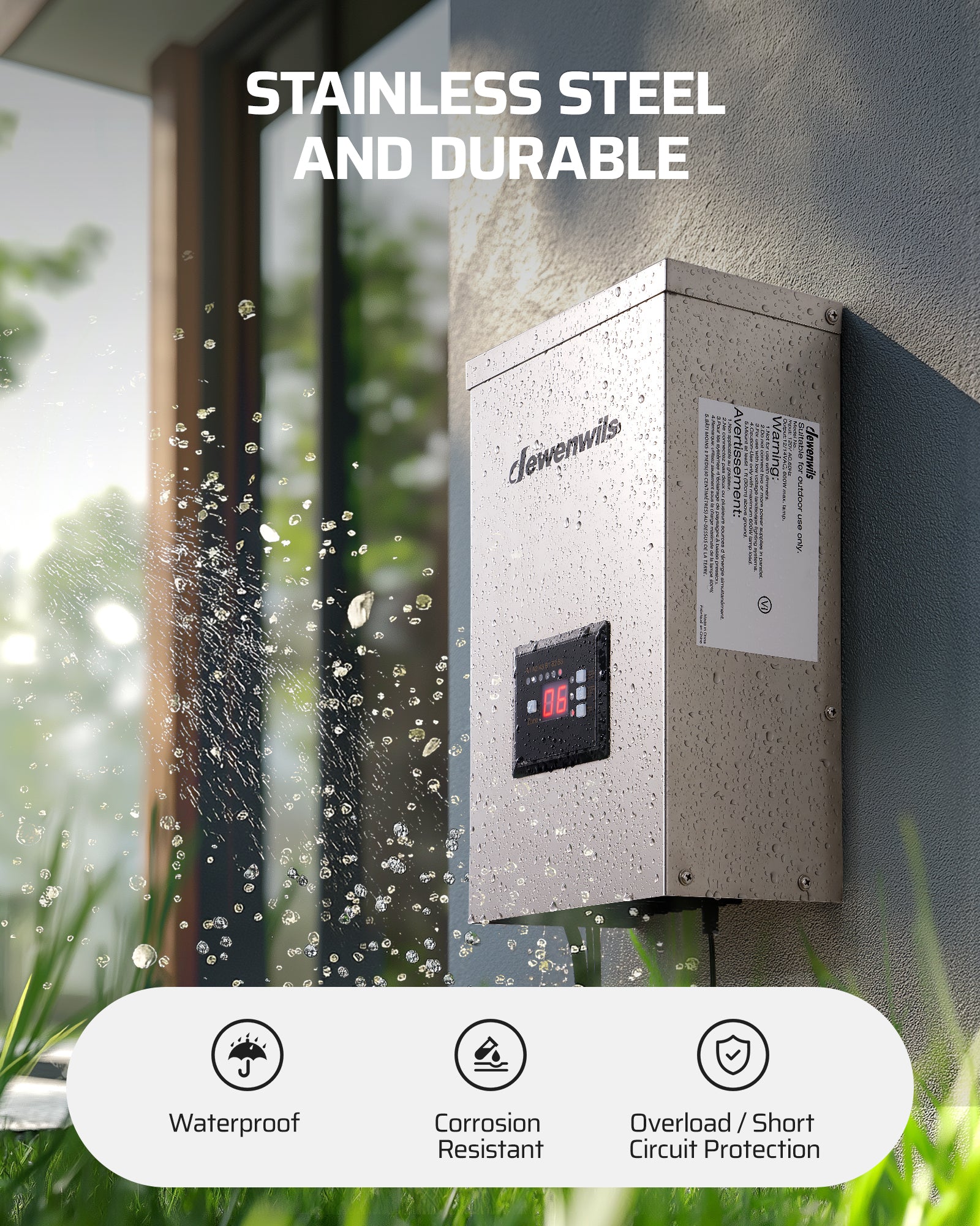 DEWENWILS 600W Low Voltage Landscape Lighting Transformer is waterproof and corrosion resistant with overload and short circuit protection for safe outdoor use.