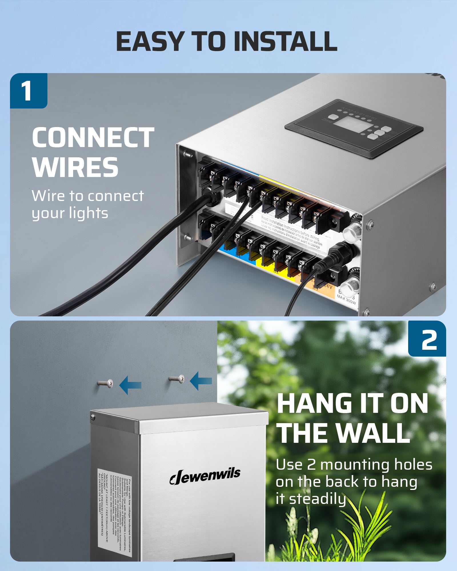 DEWENWILS 600W Low Voltage Landscape Lighting Transformer is easy to install — connect the wires to your lights, then use the two rear mounting holes to hang it securely on the wall