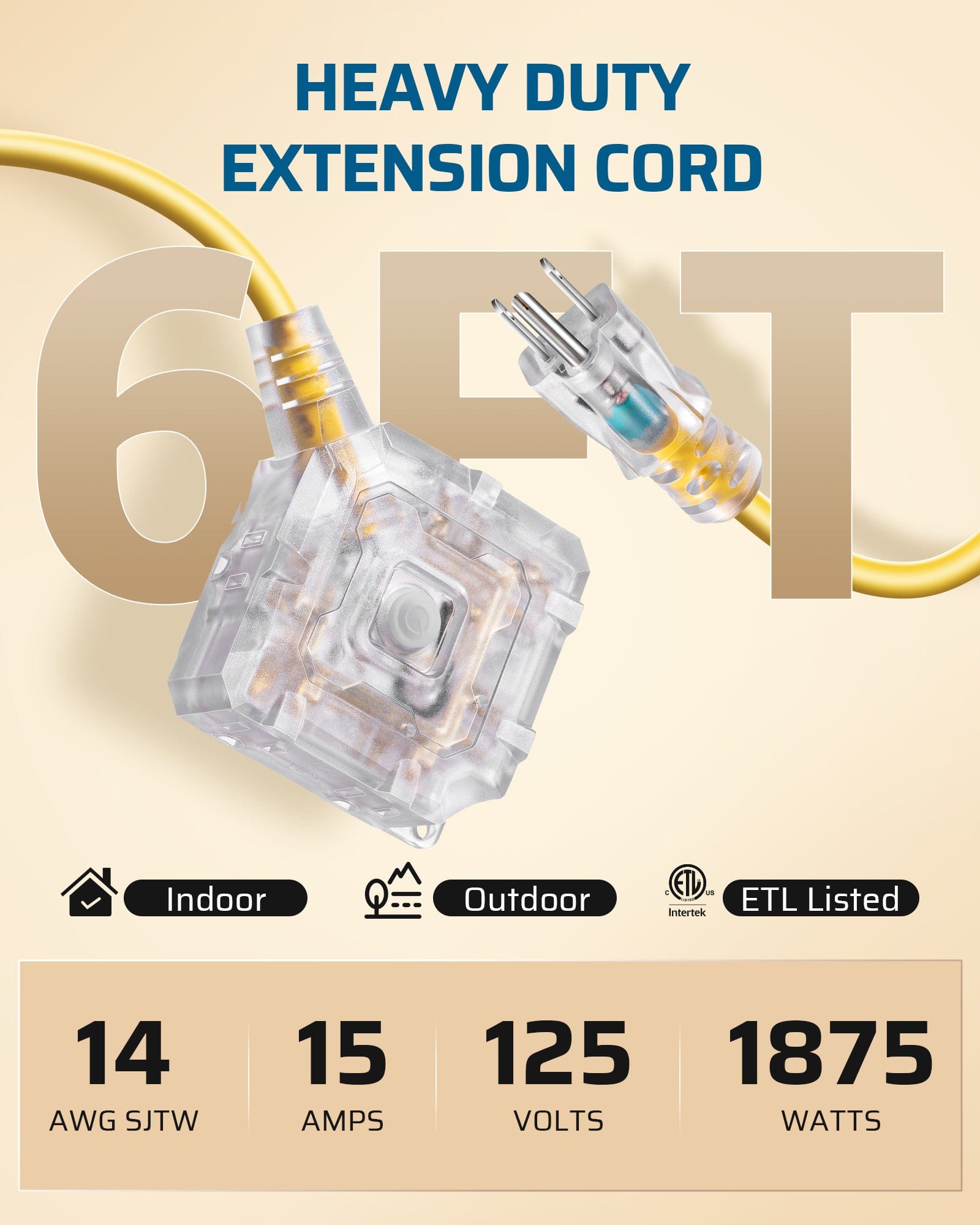 DEWENWILS 6FT Outdoor Heavy Duty Extension Cord, 14 AWG SJTW Power Cord with Dust-Proof & Waterproof Switch, 6 Outlets Transparent Plug Tail for Multiple Devices, 15A/125V/1875W-HSOY06A