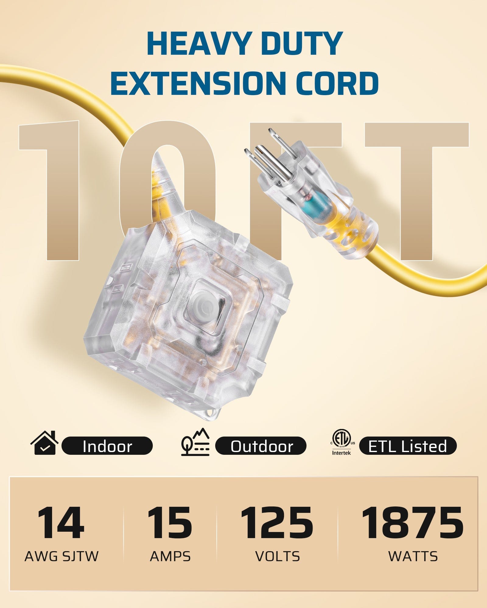 DEWENWILS 10FT Outdoor Heavy Duty Extension Cord, 14 AWG SJTW Power Cord with Dust-Proof & Waterproof Switch, 6 Outlets Transparent Plug Tail for Multiple Devices, 15A/125V/1875W-HSOY10A