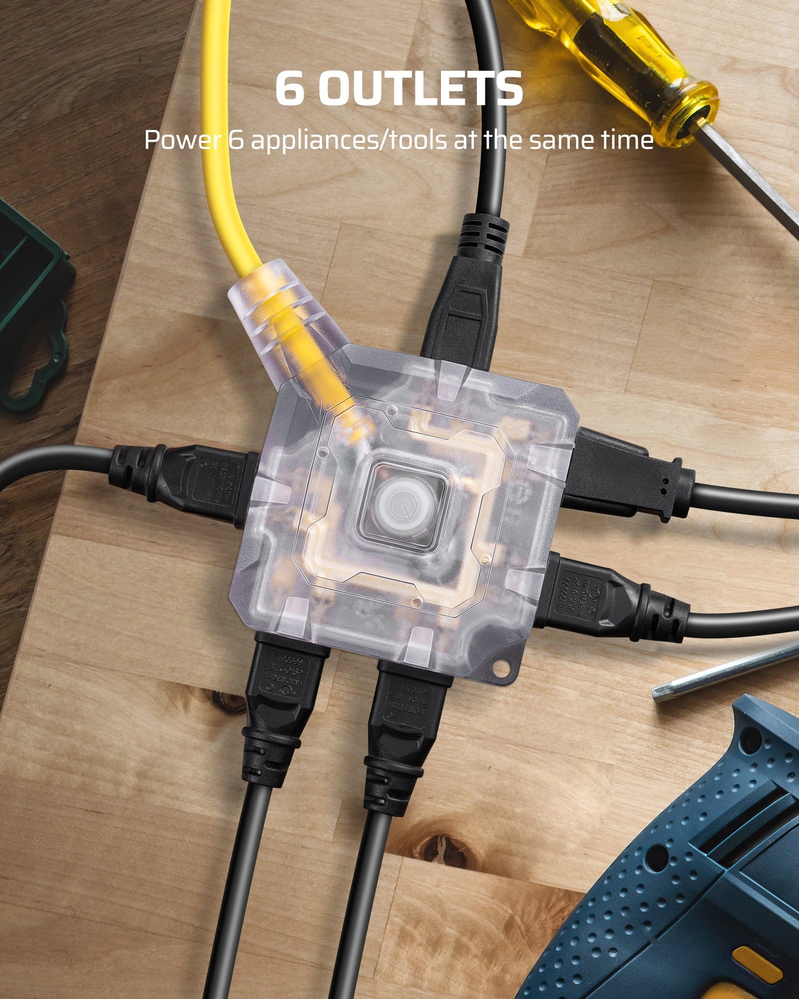 DEWENWILS 10FT Outdoor Heavy Duty Extension Cord, 14 AWG SJTW Power Cord with Dust-Proof & Waterproof Switch, 6 Outlets Transparent Plug Tail for Multiple Devices, 15A/125V/1875W-HSOY10A