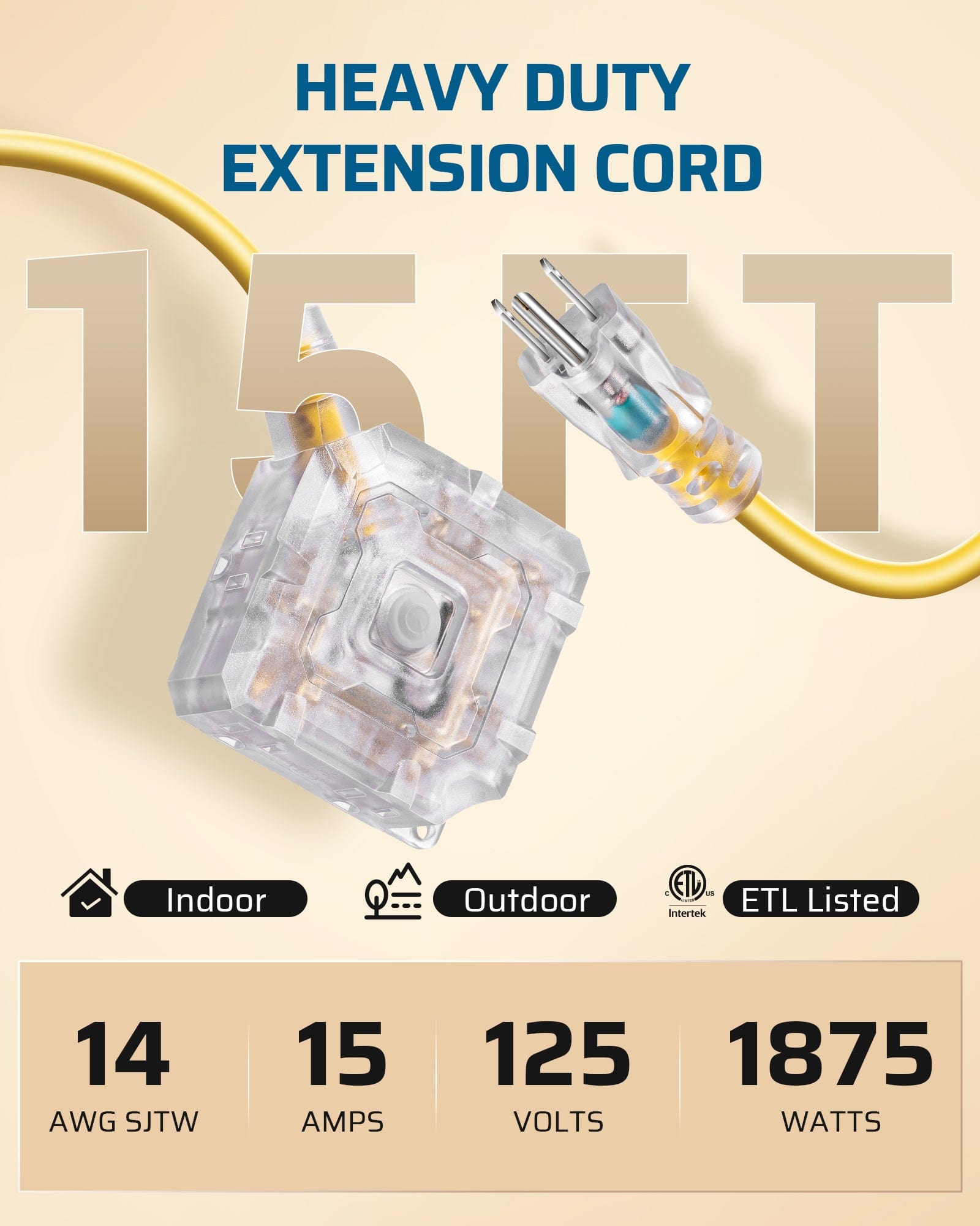 DEWENWILS 15FT Outdoor Heavy Duty Extension Cord, 14 AWG SJTW Power Cord with Dust-Proof & Waterproof Switch, 6 Outlets Transparent Plug Tail for Multiple Devices, 15A/125V/1875W-HSOY15A