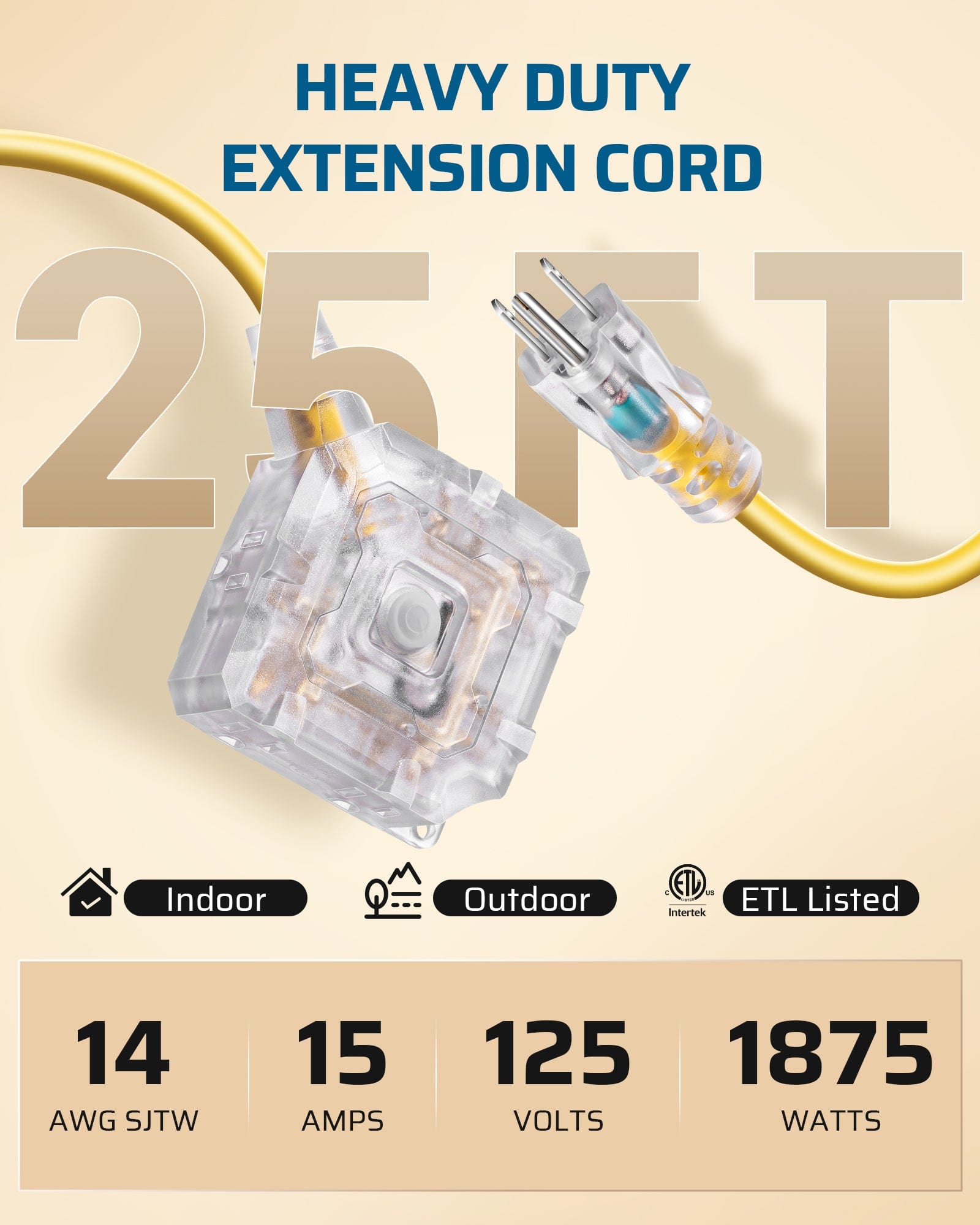 DEWENWILS 25FT Outdoor Heavy Duty Extension Cord, 14 AWG SJTW Power Cord with Dust-Proof & Waterproof Switch, 6 Outlets Transparent Plug Tail for Multiple Devices, 15A/125V/1875W-HSOY25A
