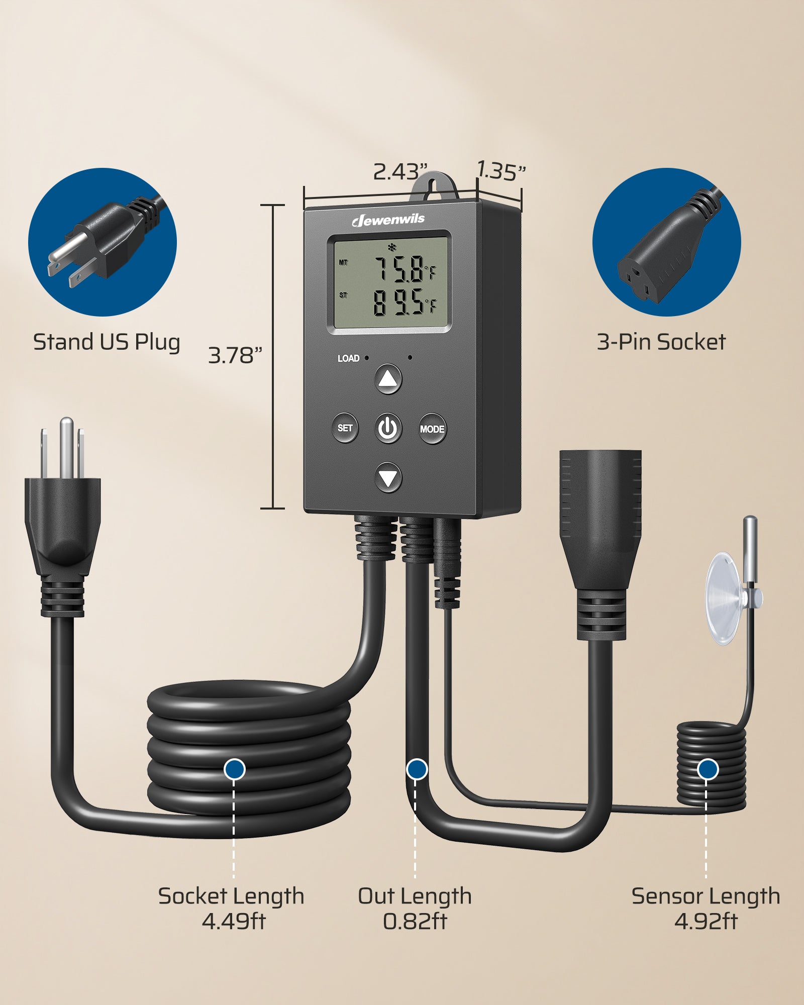 DEWENWILS Digital Temperature Controller Thermostat Outlet with Heating & Cooling Mode for Chest Freezer, Home Brewing, Green House, Incubation, Reptiles, 14-140°F, 120V/10A/1200W-HTCS01A1