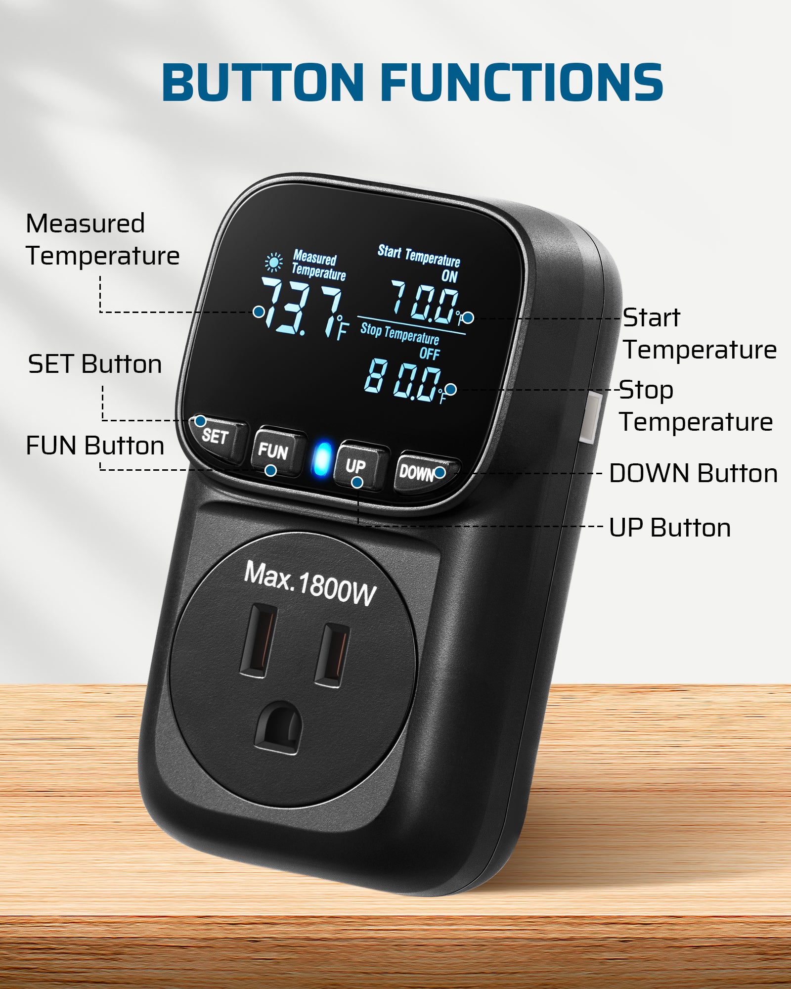 DEWENWILS Digital Temperature Controller, Heavy Duty 15A/1800W Thermostat Outlet Plug, VA Display Heating Cooling Control Timer, -40℉~210℉, Cyclic Timing/Countdown, for Greenhouse Incubator, Black-HTCS02B