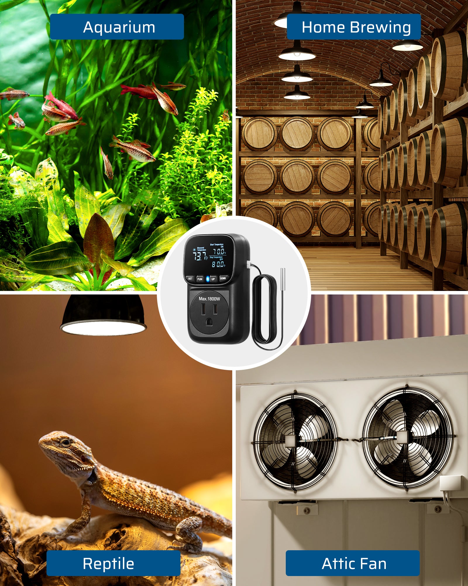 DEWENWILS Digital Temperature Controller, Heavy Duty 15A/1800W Thermostat Outlet Plug, VA Display Heating Cooling Control Timer, -40℉~210℉, Cyclic Timing/Countdown, for Greenhouse Incubator, Black-HTCS02B