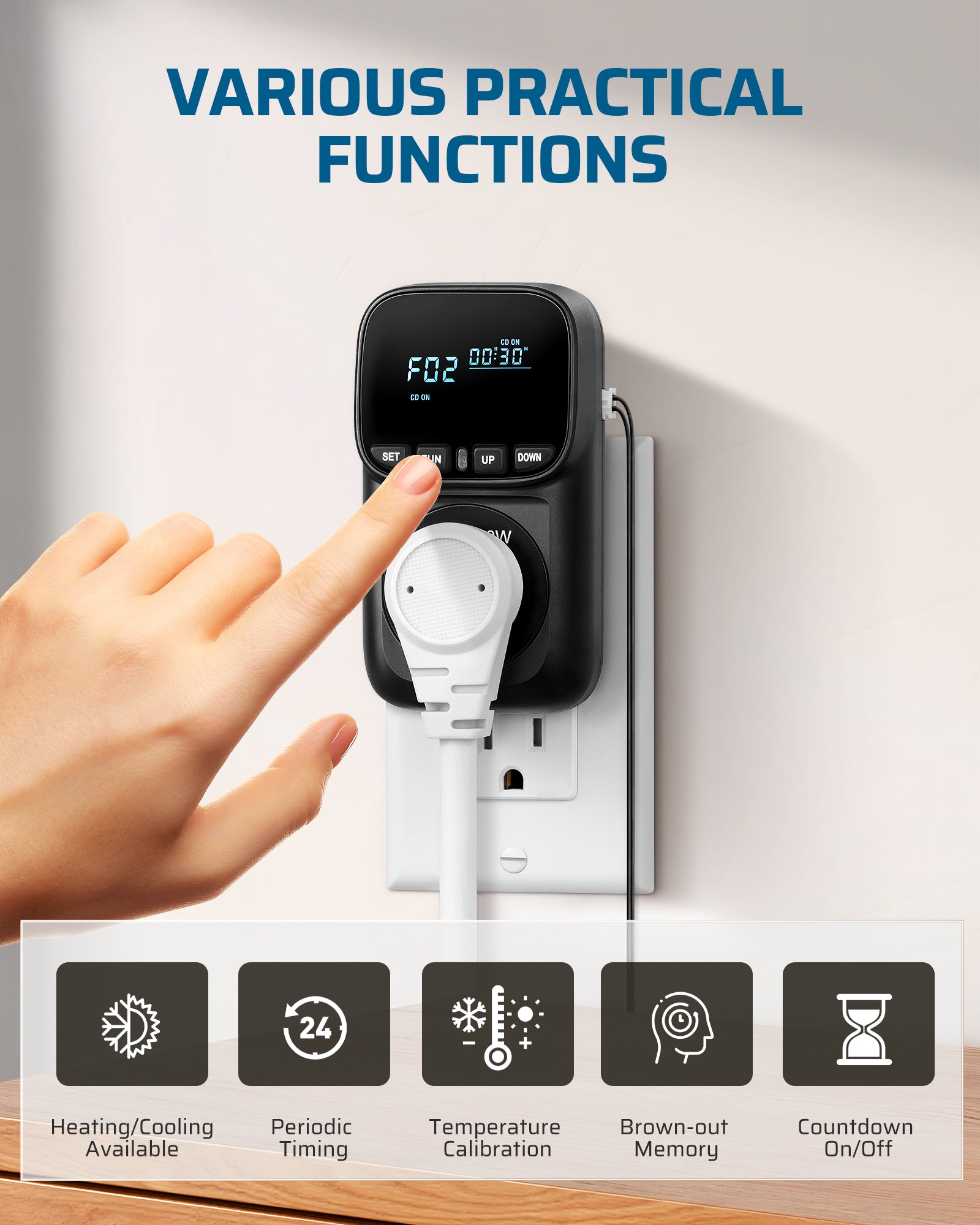 DEWENWILS Digital Temperature Controller, Heavy Duty 15A/1800W Thermostat Outlet Plug, VA Display Heating Cooling Control Timer, -40℉~210℉, Cyclic Timing/Countdown, for Greenhouse Incubator, Black-HTCS02B