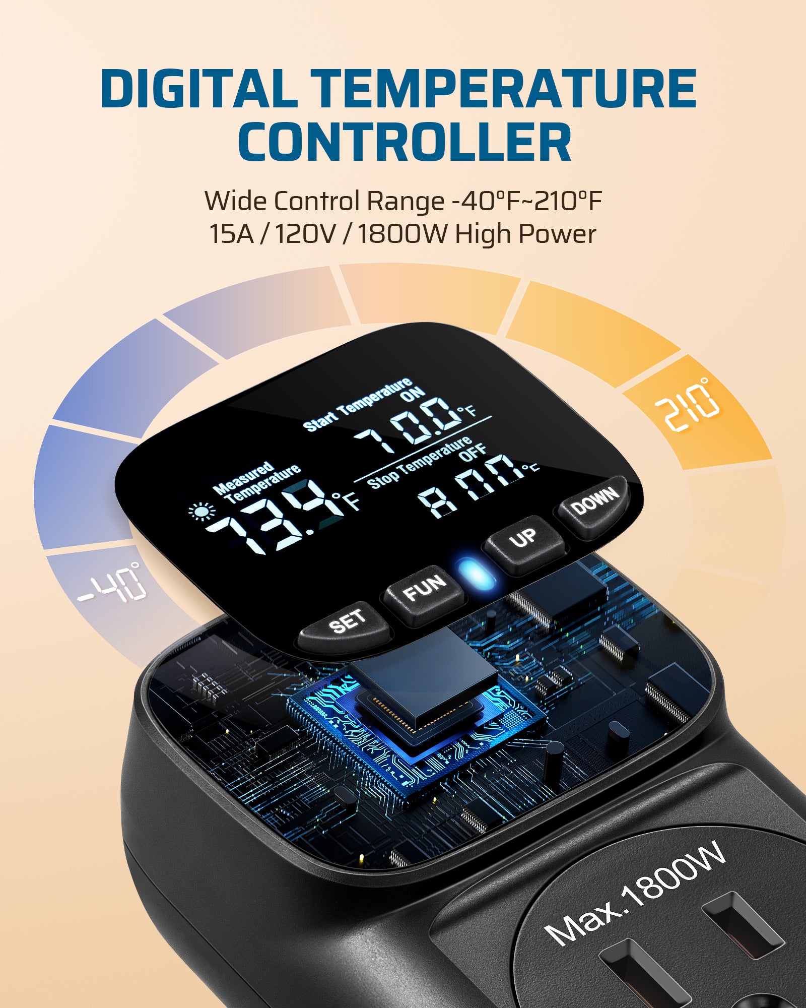 DEWENWILS Digital Temperature Controller, Heavy Duty 15A/1800W Thermostat Outlet Plug, VA Display Heating Cooling Control Timer, -40℉~210℉, Cyclic Timing/Countdown, for Greenhouse Incubator, Black-HTCS02B