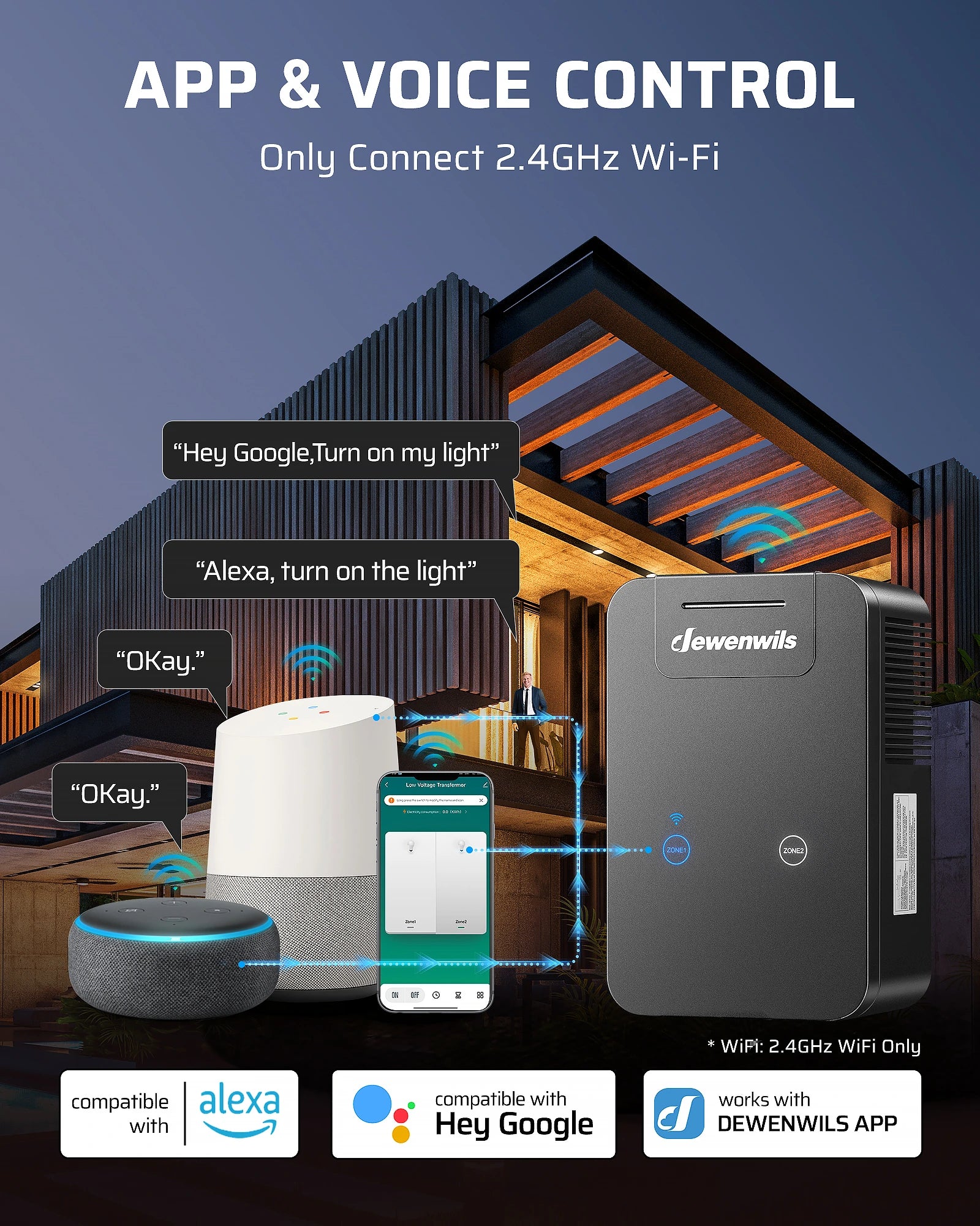 DEWENWILS 300W Low Voltage Landscape Transformer WiFi with 2 Zones, Outdoor Landscape Lighting Transformer, 120V AC to 12/15V AC, Compatible with Alexa & Google Assistant -  SHTLT05A