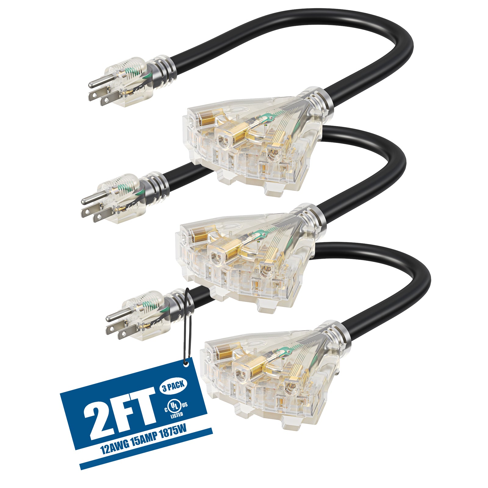 DEWENWILS 2ft 12/3 Gauge Indoor/Outdoor Tri-Tap Extension Cord Splitter, STW 15 Amp Contractor Grade Heavy Duty Power Cable with LED Lighted Plug (3 Pack)-HTOB02C