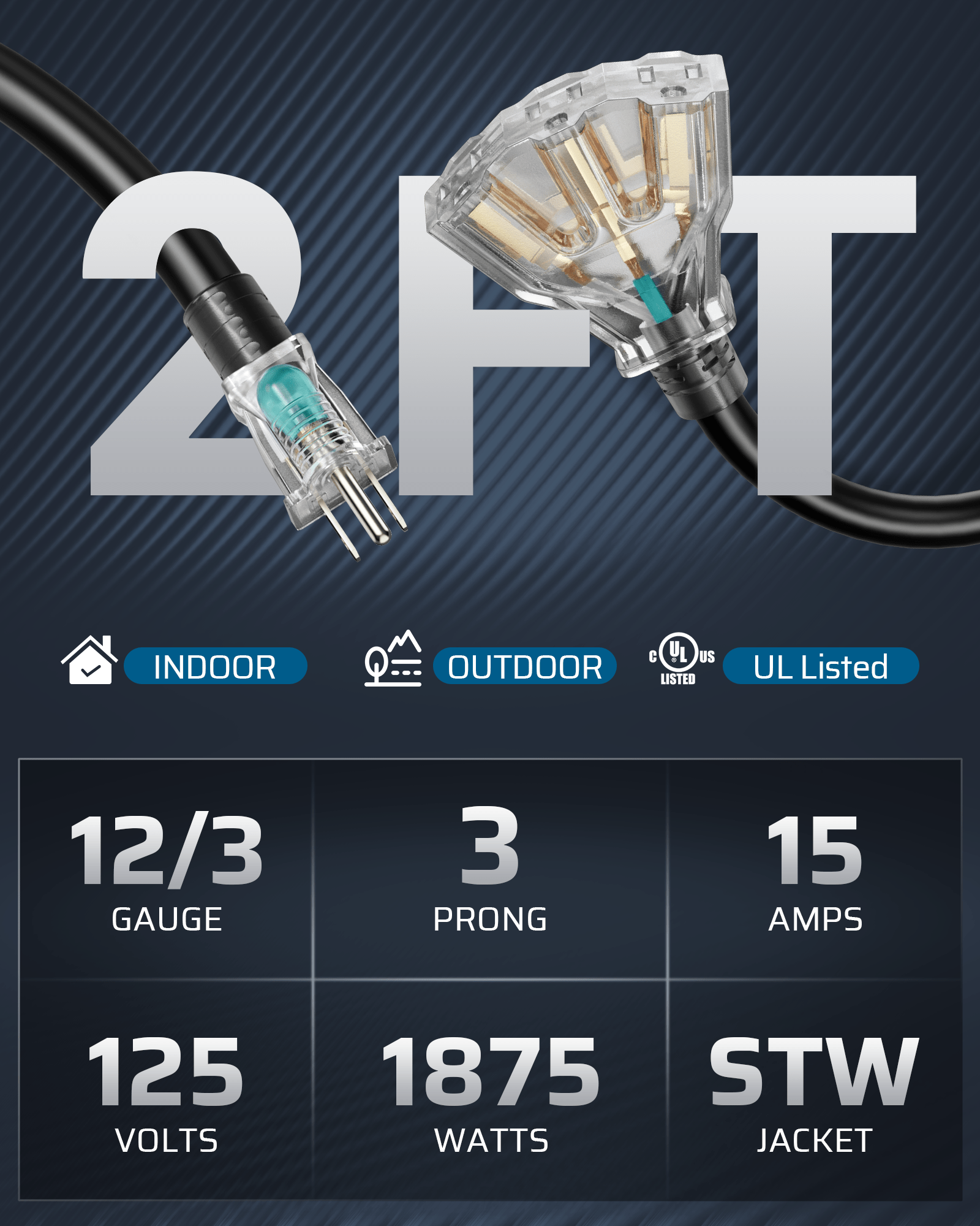 DEWENWILS 2ft 12/3 Gauge Indoor/Outdoor Tri-Tap Extension Cord Splitter, STW 15 Amp Contractor Grade Heavy Duty Power Cable with LED Lighted Plug (3 Pack)-HTOB02C