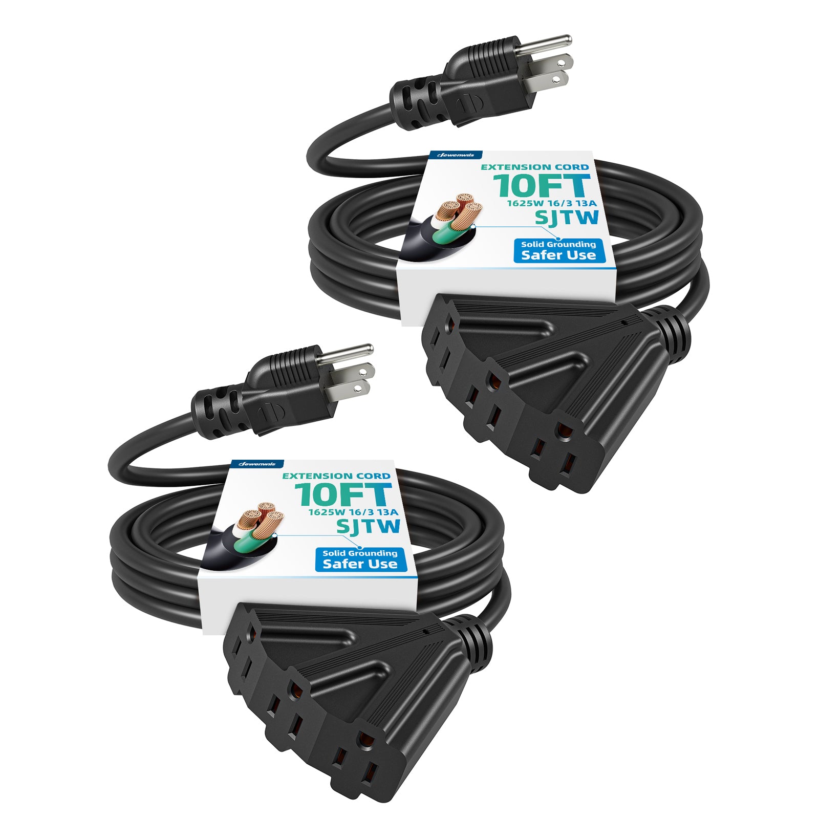 DEWENWILS 10ft Outdoor Tri-Tap Extension Cord Splitter, Weatherproof 16/3 SJTW Power Cable for Holiday Decoration and Landscaping String Lights (2 Pack)-HTOB10A1
