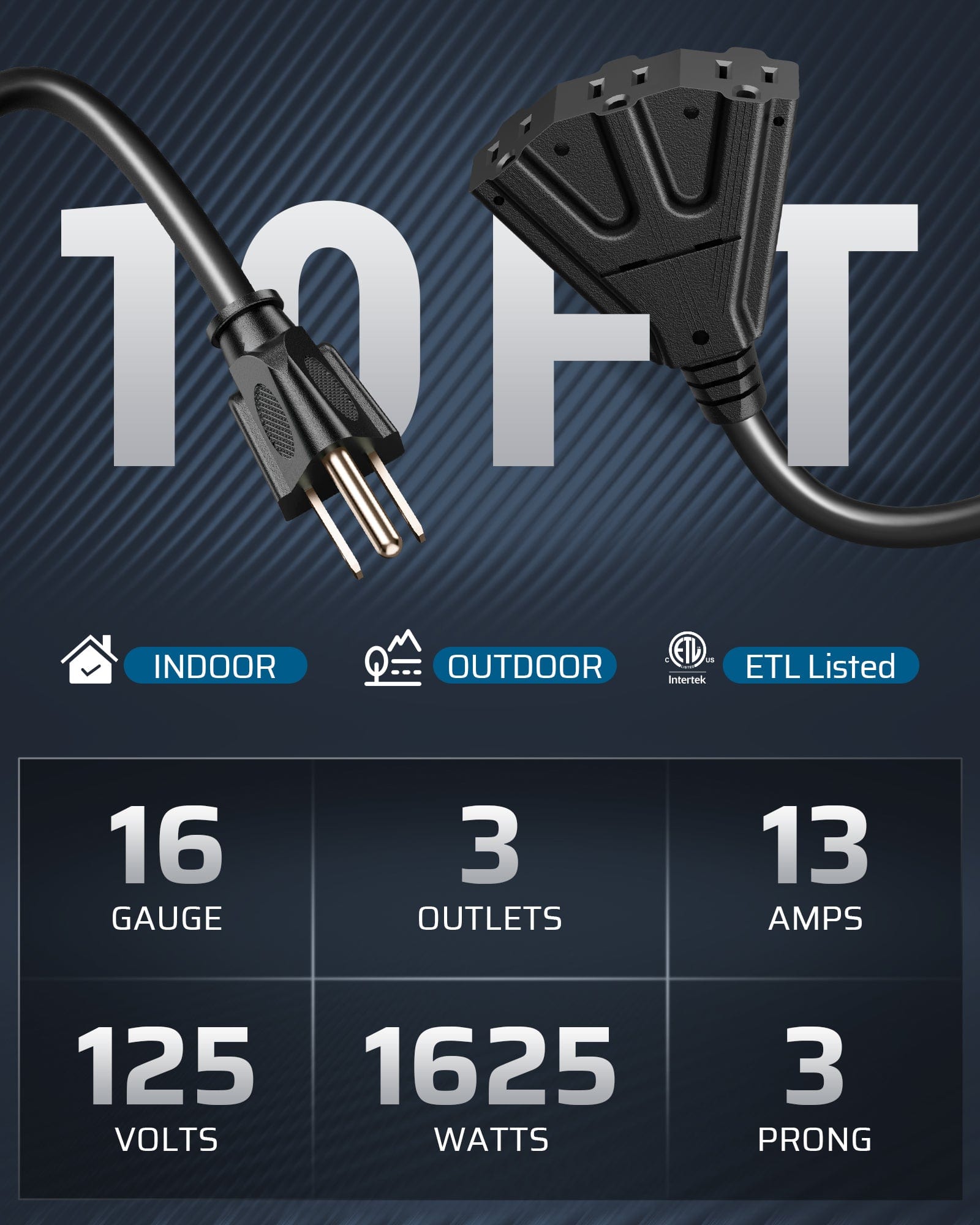 DEWENWILS 10ft Outdoor Tri-Tap Extension Cord Splitter, Weatherproof 16/3 SJTW Power Cable for Holiday Decoration and Landscaping String Lights (2 Pack)-HTOB10A1