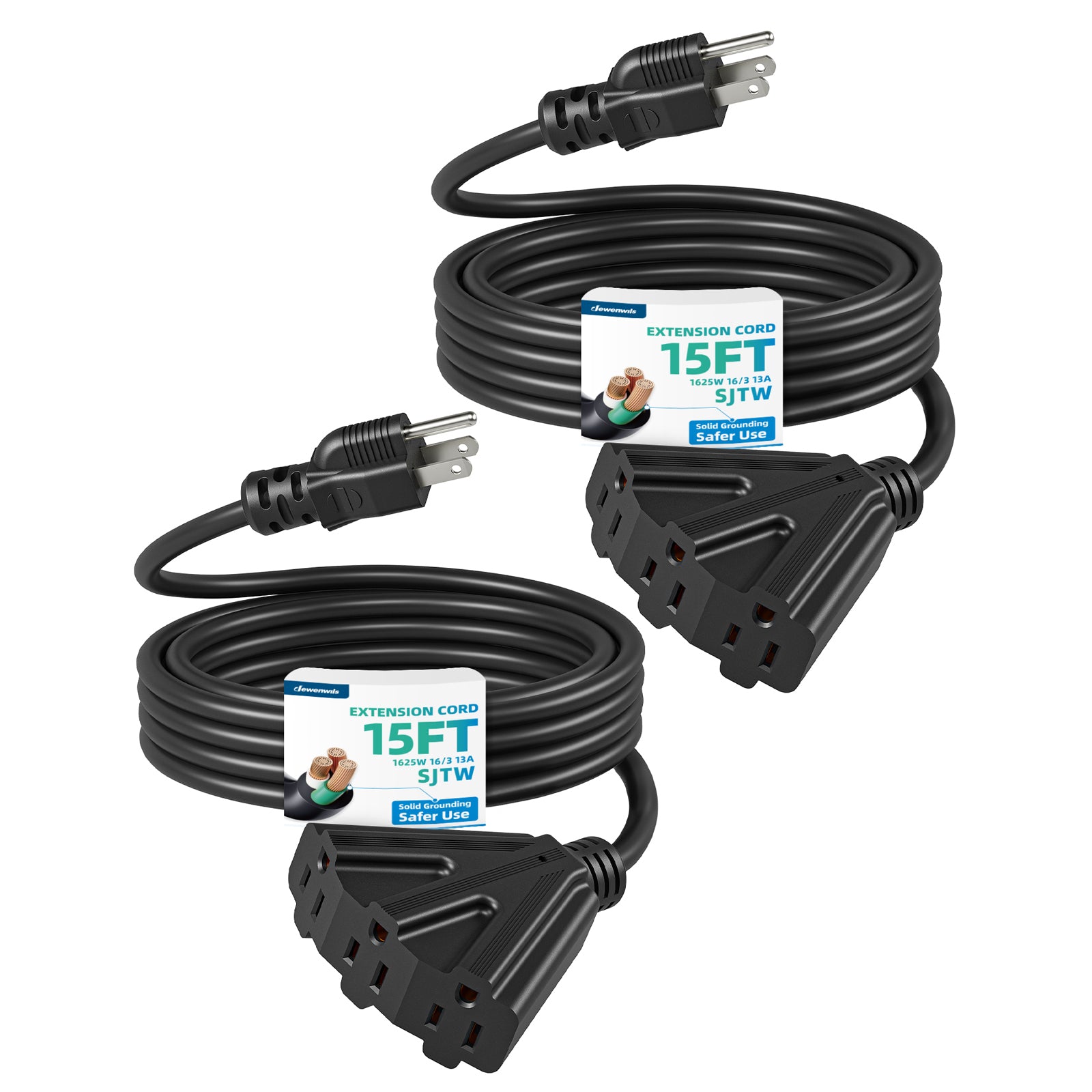 DEWENWILS 15ft Tri-Tap Extension Cord with Multiple Outlet, 16/3 SJTW Power Cable for Outdoor Landscaping String Lights (2 Pack)-HTOB15A