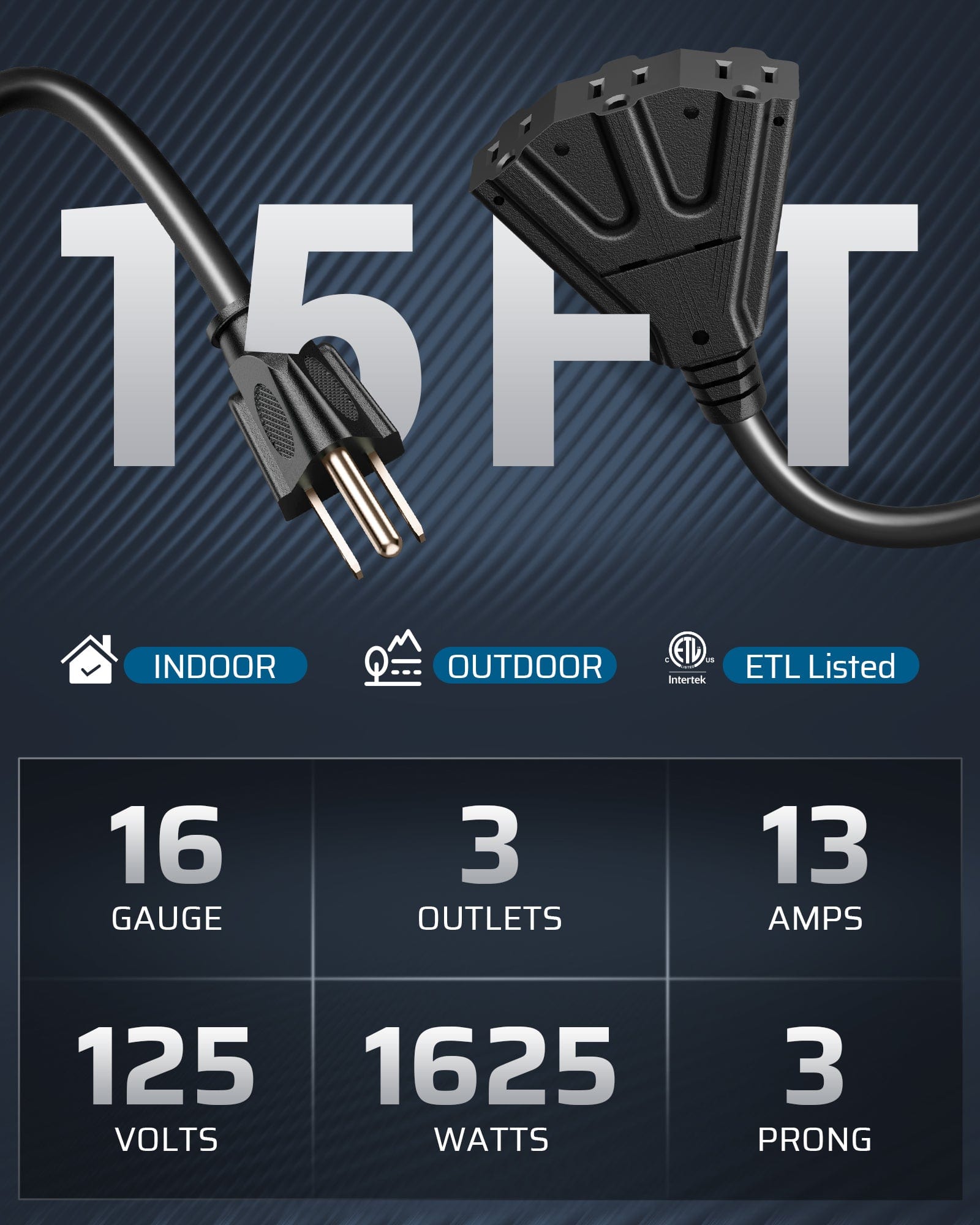 DEWENWILS 15ft Tri-Tap Extension Cord with Multiple Outlet, 16/3 SJTW Power Cable for Outdoor Landscaping String Lights (2 Pack)-HTOB15A