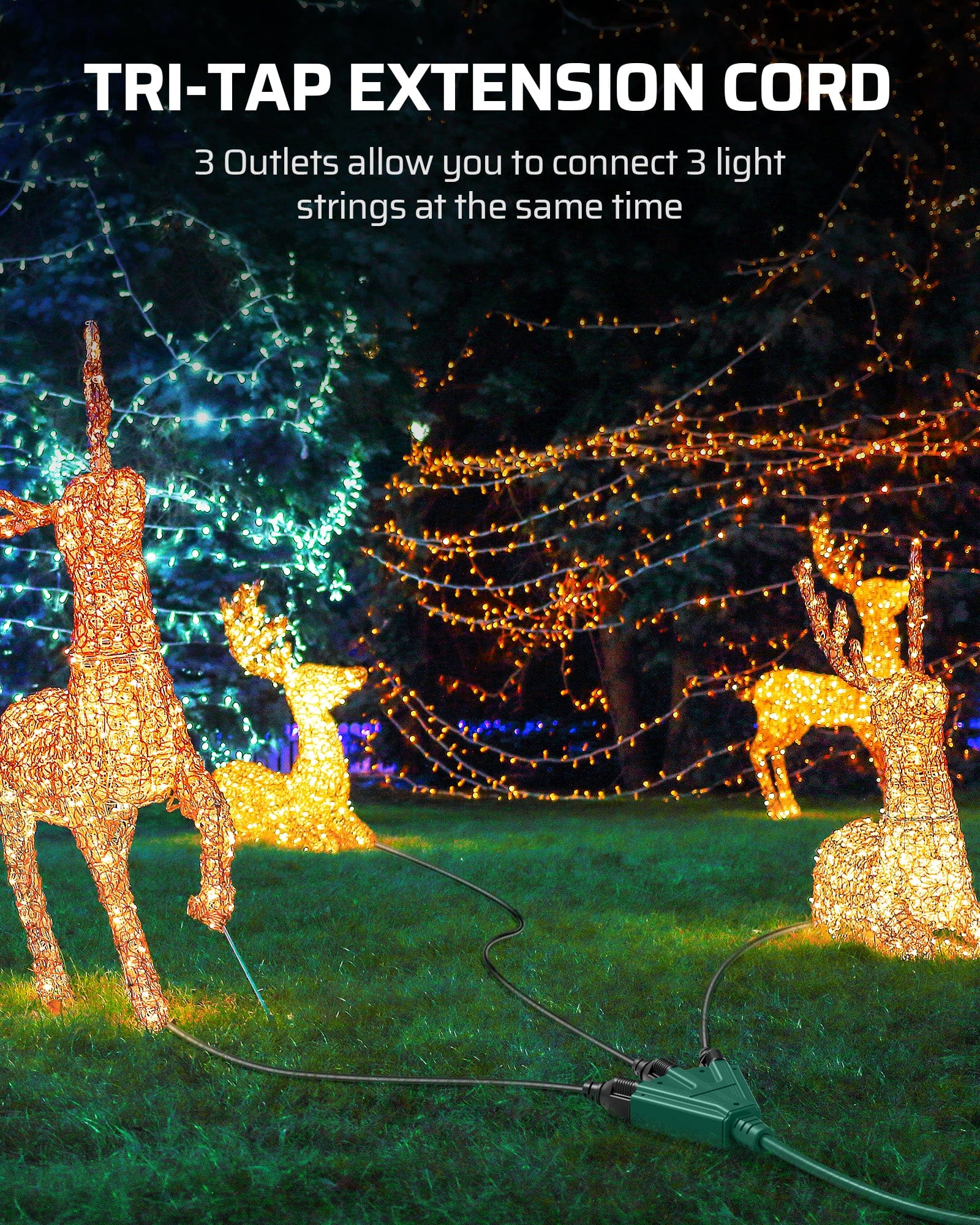 DEWENWILS 10ft Outdoor Tri-Tap Extension Cord Splitter, Weatherproof 16/3 SJTW Power Cable for Holiday Decoration and Landscaping Lights (2 Pack)-HTOG10A