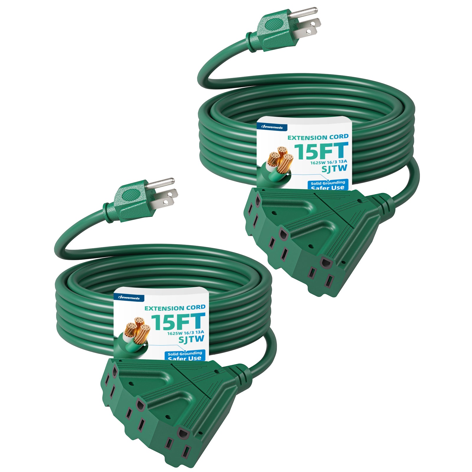 DEWENWILS 15ft Outdoor Extension Cord, Weatherproof 16/3 SJTW Power Cable for String Lights and Landscaping String Lights (2 Pack)-HTOG15A