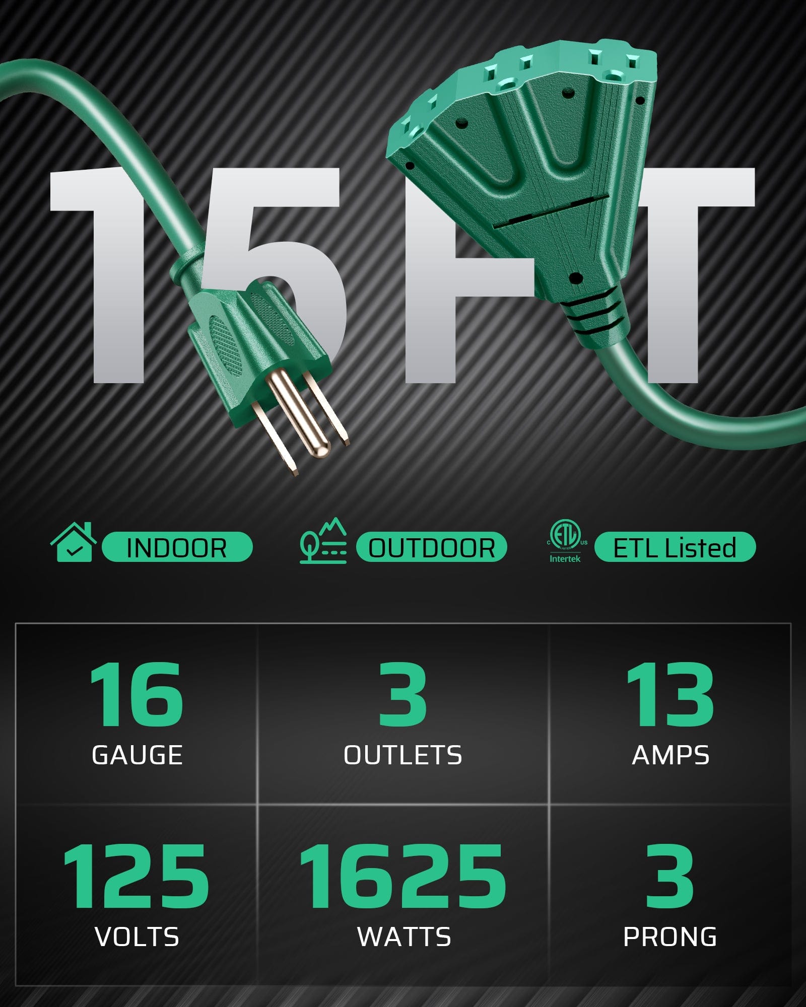 DEWENWILS 15ft Outdoor Extension Cord, Weatherproof 16/3 SJTW Power Cable for String Lights and Landscaping String Lights (2 Pack)-HTOG15A