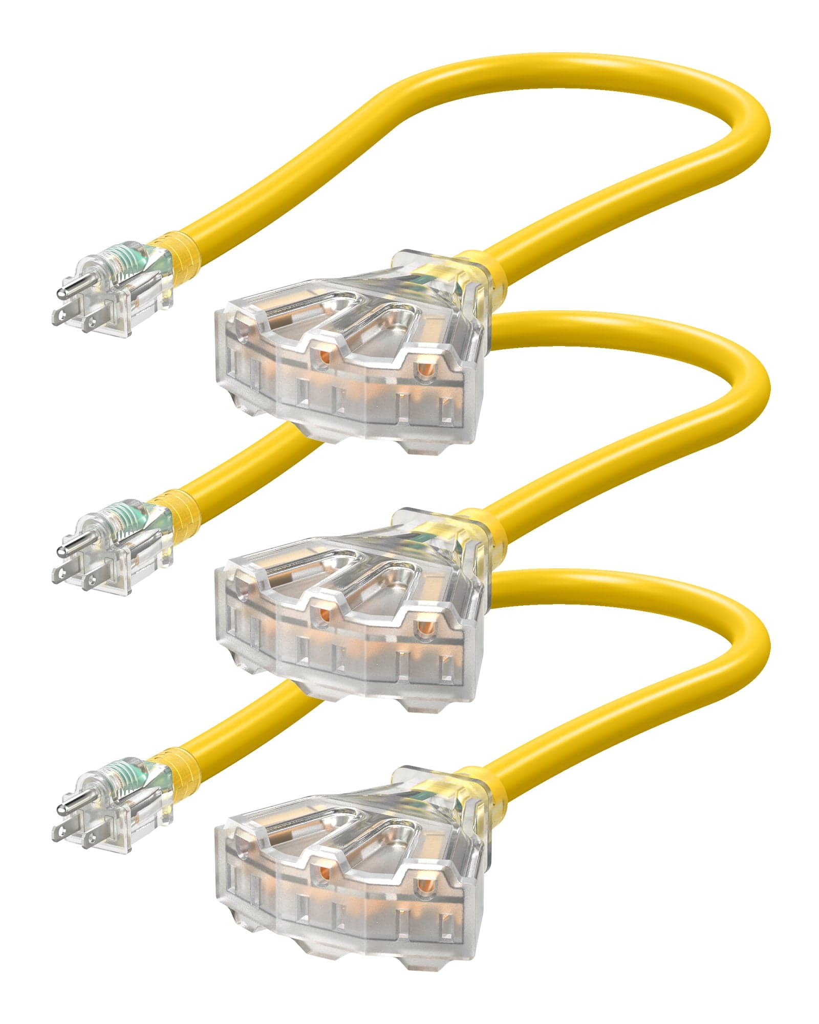 DEWENWILS 2ft Tri-Tap Extension Cord Splitter, 12/3 SJTW 15 Amp Yellow Outer Jacket Contractor Grade Heavy Duty Power Cable with LED Lighted Plug (3 Pack)-HTOY02A
