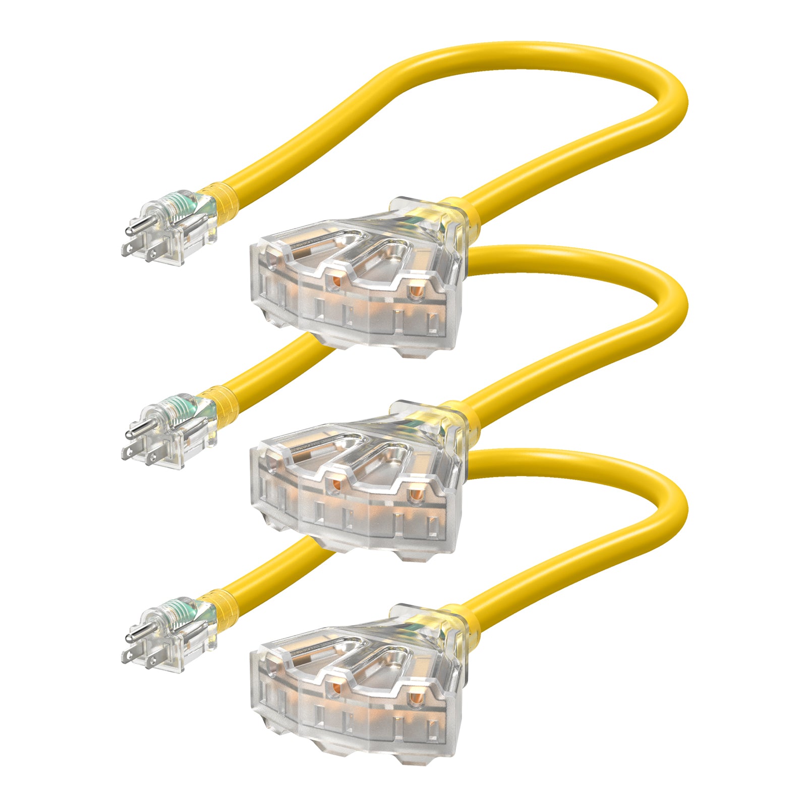 DEWENWILS 2ft Tri-Tap Extension Cord Splitter, 12/3 SJTW 15 Amp Yellow Outer Jacket Contractor Grade Heavy Duty Power Cable with LED Lighted Plug (3 Pack)-HTOY02A