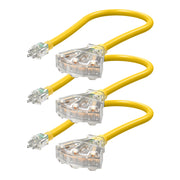 DEWENWILS 2ft Tri-Tap Extension Cord Splitter, 12/3 SJTW 15 Amp Yellow Outer Jacket Contractor Grade Heavy Duty Power Cable with LED Lighted Plug (3 Pack)-HTOY02A
