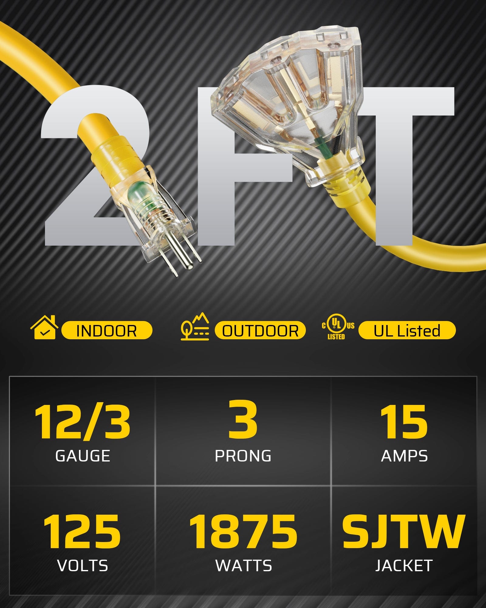 DEWENWILS 2ft Tri-Tap Extension Cord Splitter, 12/3 SJTW 15 Amp Yellow Outer Jacket Contractor Grade Heavy Duty Power Cable with LED Lighted Plug (3 Pack)-HTOY02A