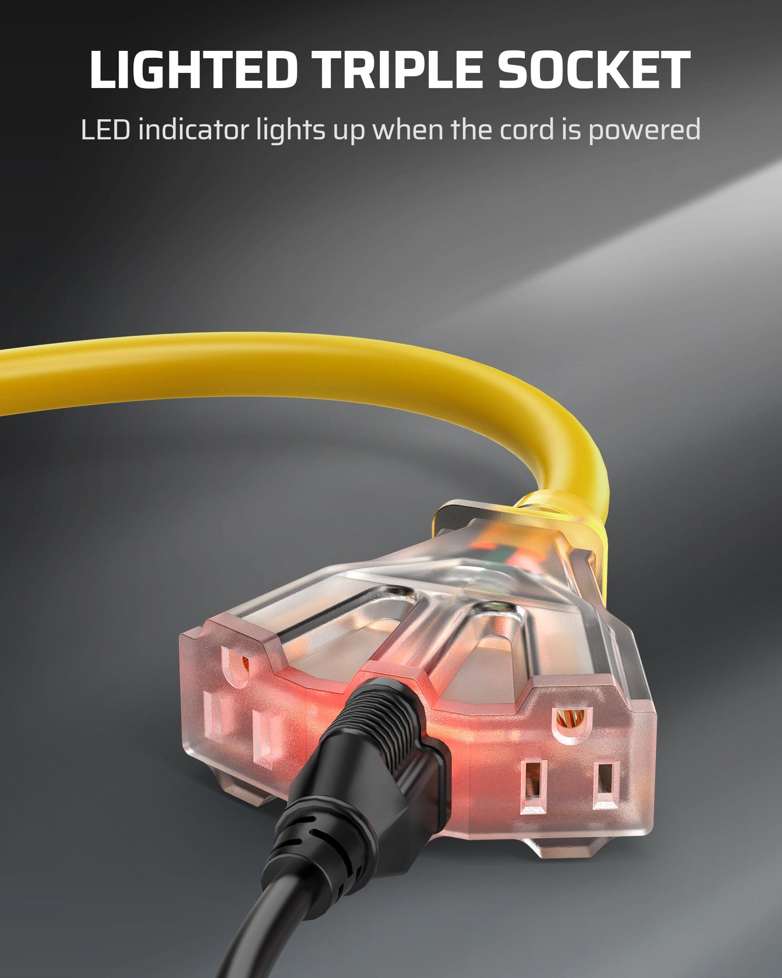 DEWENWILS 2ft Tri-Tap Extension Cord Splitter, 12/3 SJTW 15 Amp Yellow Outer Jacket Contractor Grade Heavy Duty Power Cable with LED Lighted Plug (3 Pack)-HTOY02A