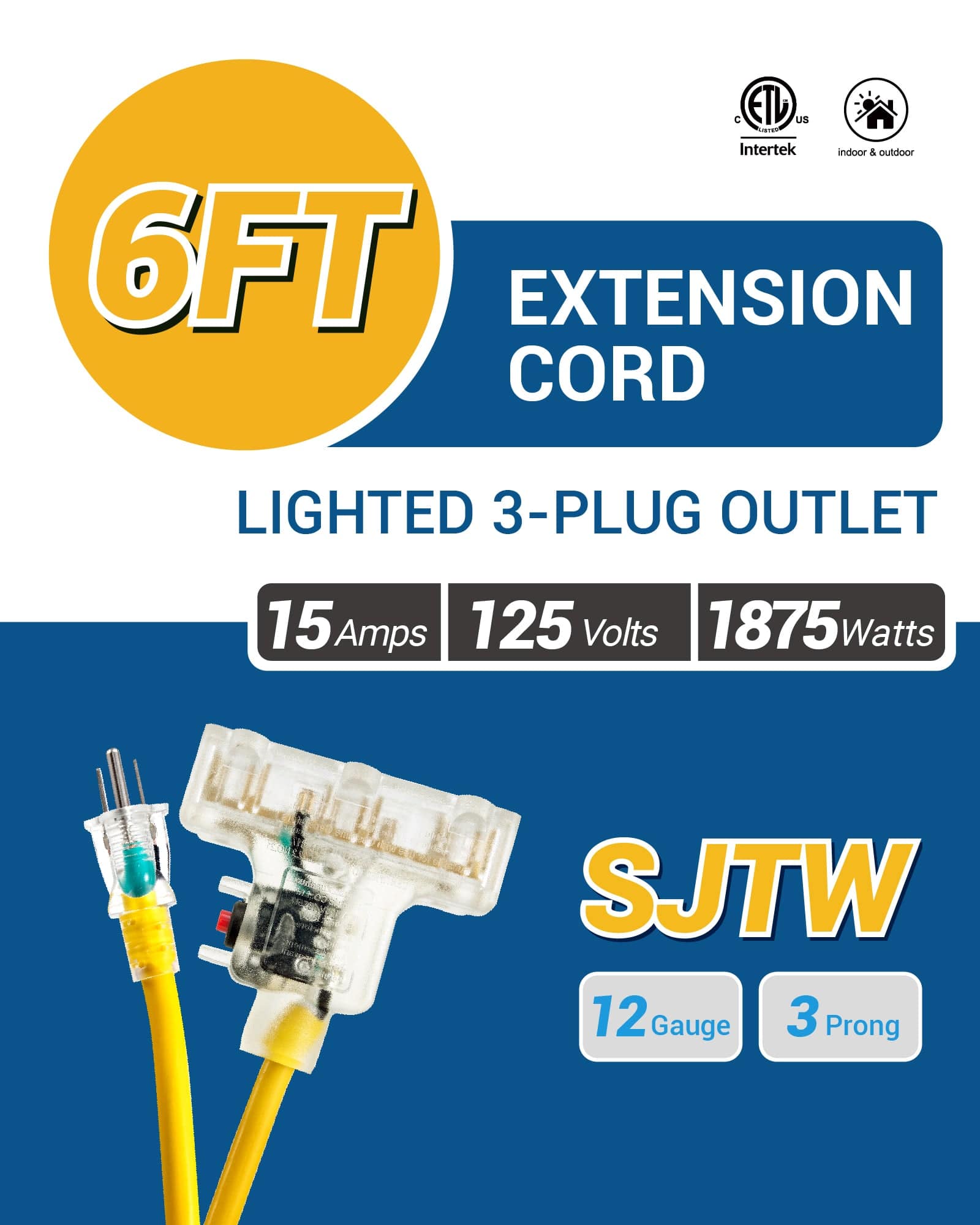 DEWENWILS 6 Ft Extension Cord with 15A Overload Protector, 12/3 Gauge Outdoor Tri-Tap Extension Cord Splitter, Heavy Duty Power Cord Extension with 3 Electrical Power Outlets, 125V/1875W-HTOY06B