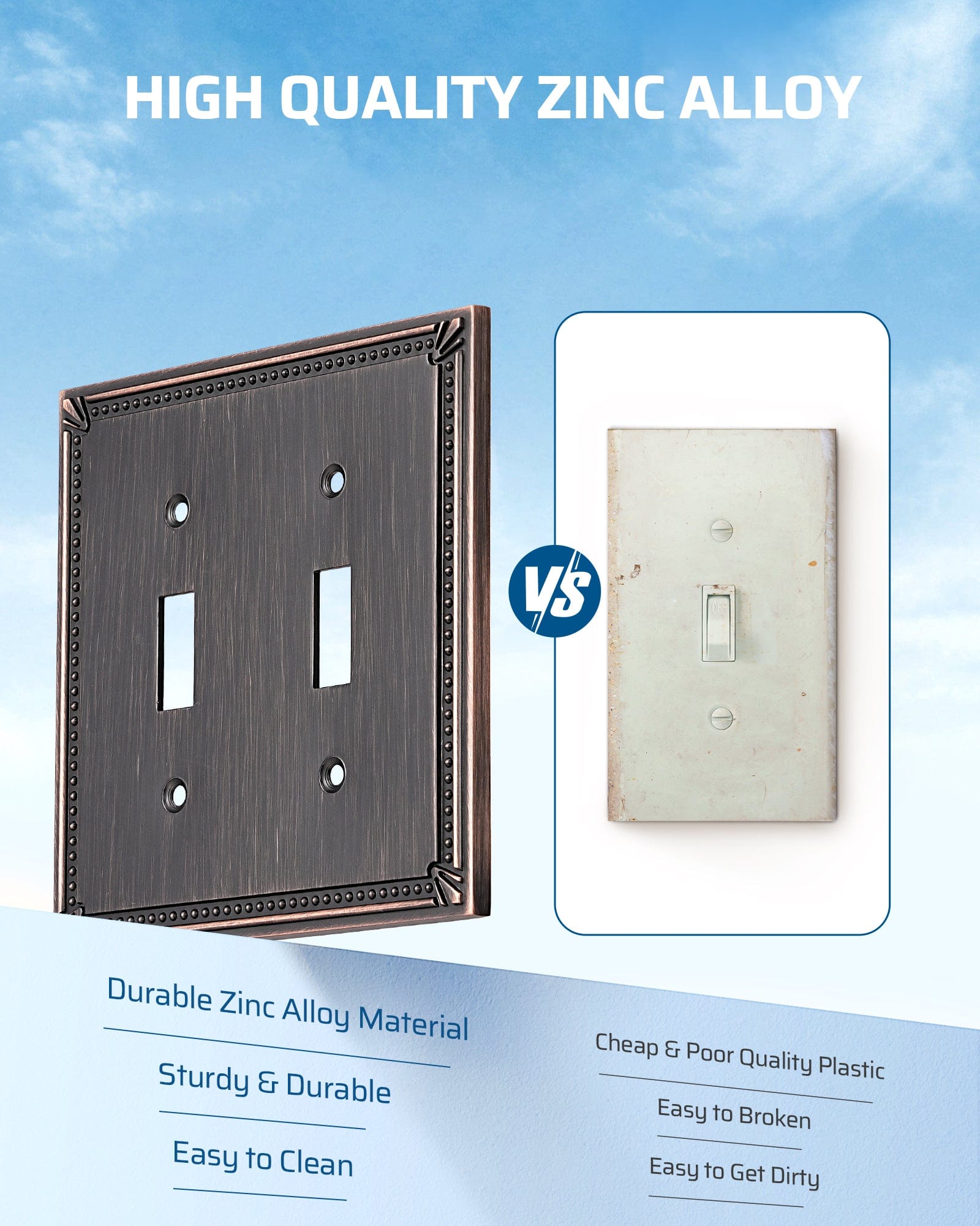 DEWENWILS 2 Pack Zinc Alloy Wall Plate Covers, 4.84"×4.84" Double Toggle Outlet Cover, Oil Rubbed Bronze Finish Light Switch Plate Cover, Sunken Pearls Decorative Wall Plates Electrical Outlet Cover-HTTP04B