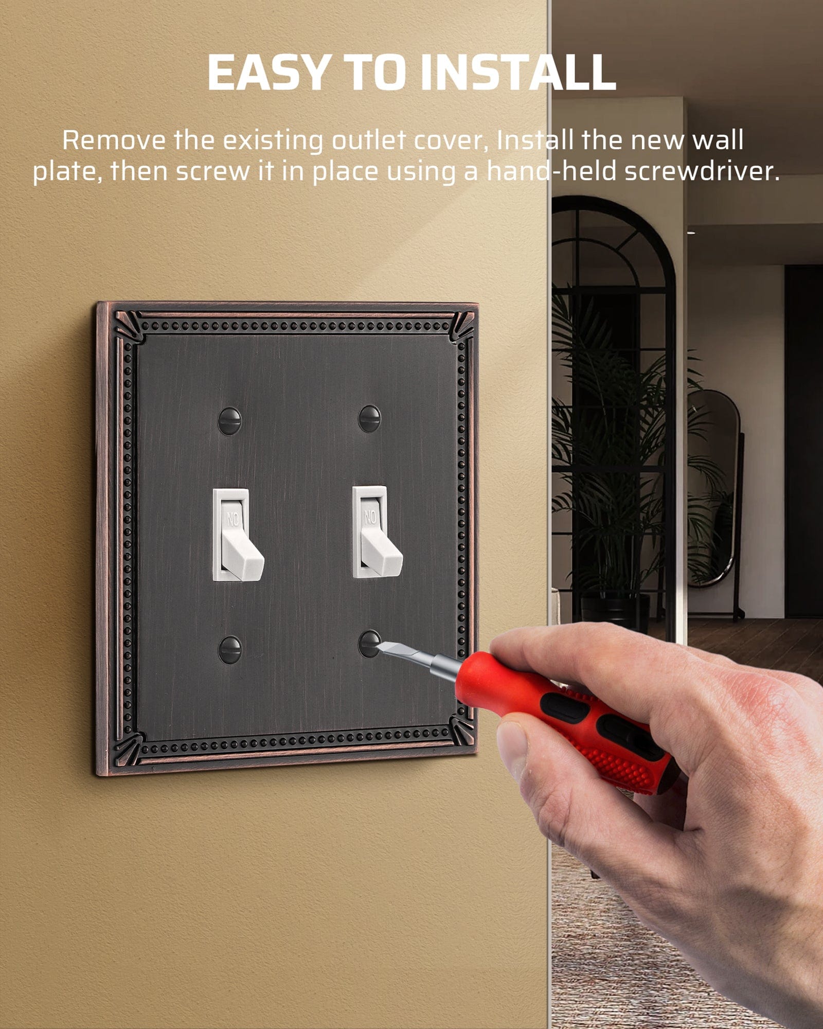 DEWENWILS 2 Pack Zinc Alloy Wall Plate Covers, 4.84"×4.84" Double Toggle Outlet Cover, Oil Rubbed Bronze Finish Light Switch Plate Cover, Sunken Pearls Decorative Wall Plates Electrical Outlet Cover-HTTP04B