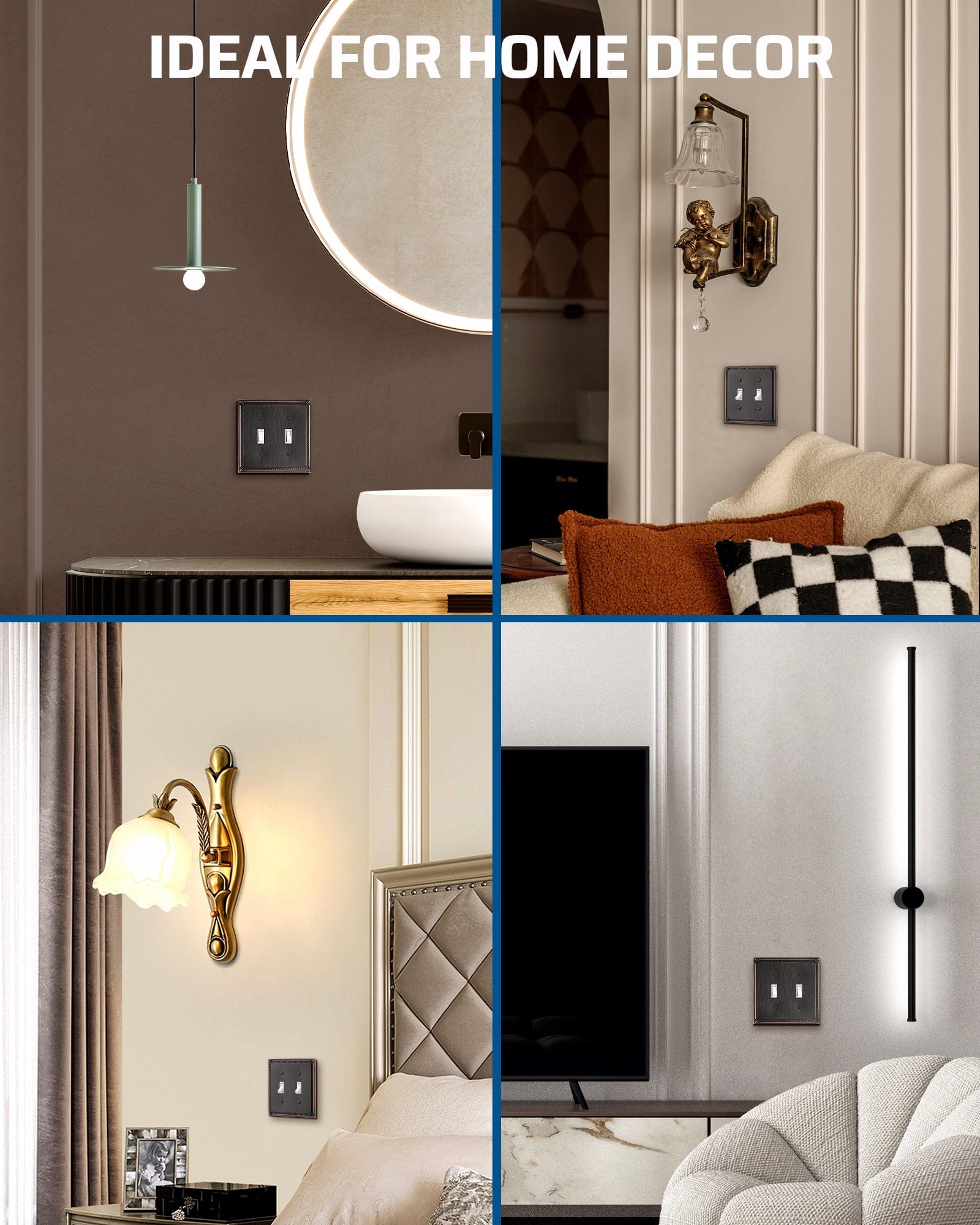 DEWENWILS 2 Pack Zinc Alloy Wall Plate Covers, 4.84"×4.84" Double Toggle Outlet Cover, Oil Rubbed Bronze Finish Light Switch Plate Cover, Sunken Pearls Decorative Wall Plates Electrical Outlet Cover-HTTP04B