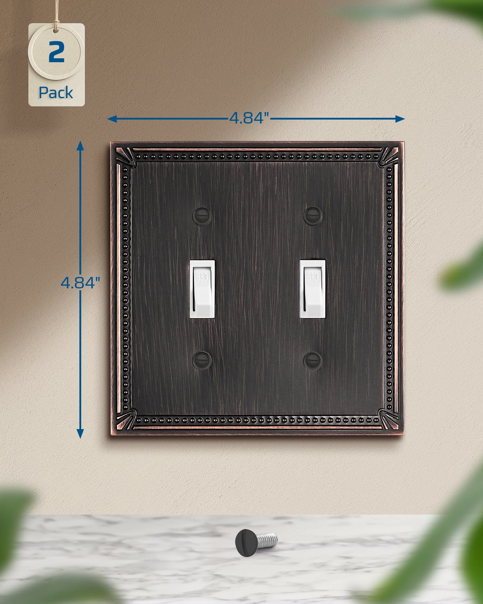 DEWENWILS 2 Pack Zinc Alloy Wall Plate Covers, 4.84"×4.84" Double Toggle Outlet Cover, Oil Rubbed Bronze Finish Light Switch Plate Cover, Sunken Pearls Decorative Wall Plates Electrical Outlet Cover-HTTP04B
