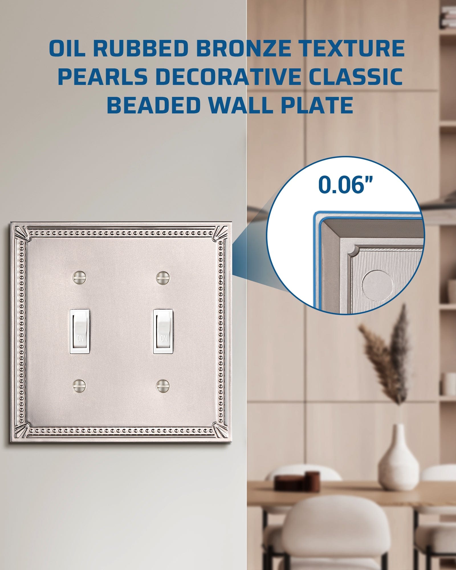 DEWENWILS 2 Pack Zinc Alloy Wall Plate Covers, 4.84"×4.84" Double Toggle Outlet Cover, Satin Nickel Finish Light Switch Plate Cover, Sunken Pearls Decorative Wall Plates Electrical Outlet Cover-HTTP04F