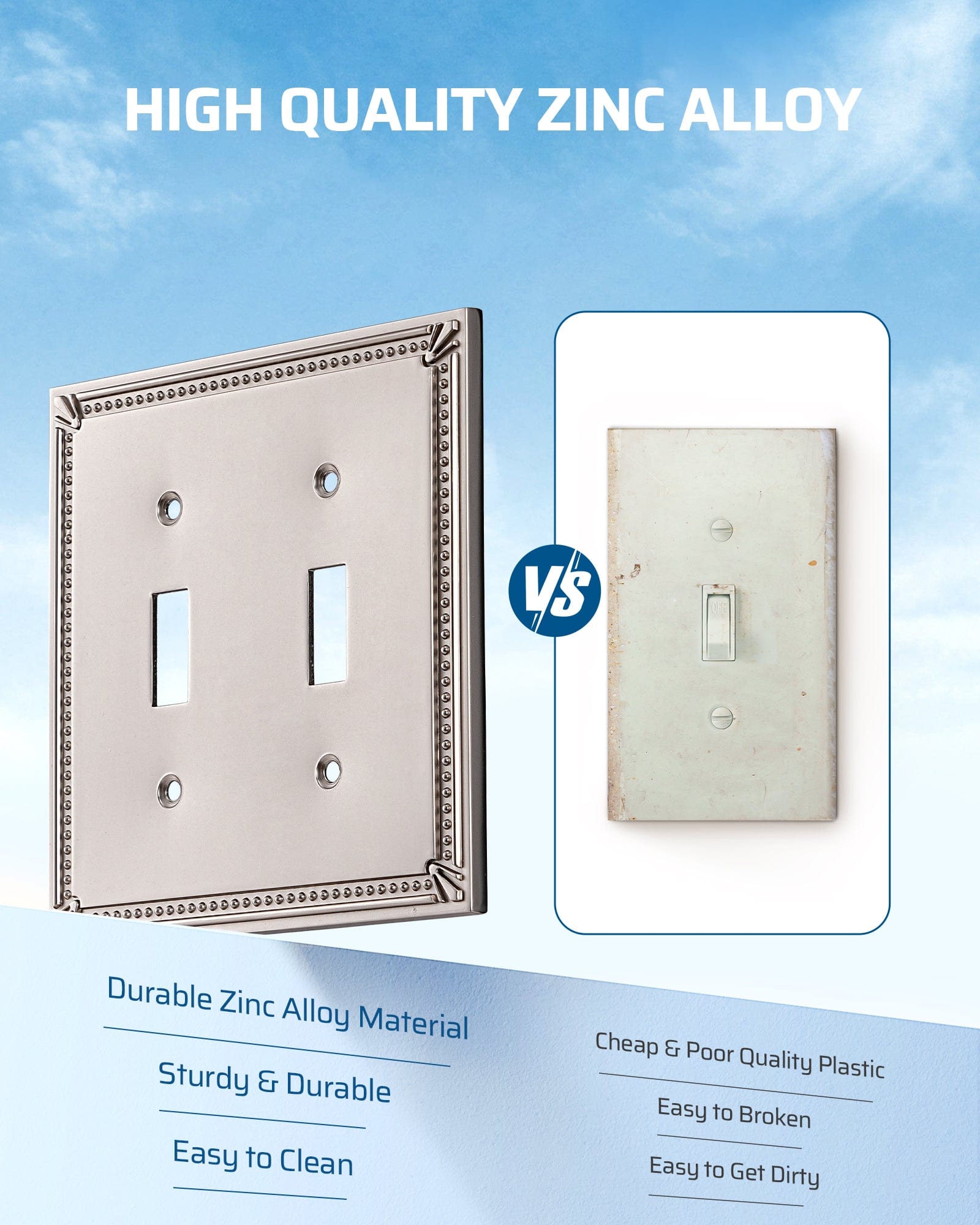 DEWENWILS 2 Pack Zinc Alloy Wall Plate Covers, 4.84"×4.84" Double Toggle Outlet Cover, Satin Nickel Finish Light Switch Plate Cover, Sunken Pearls Decorative Wall Plates Electrical Outlet Cover-HTTP04F