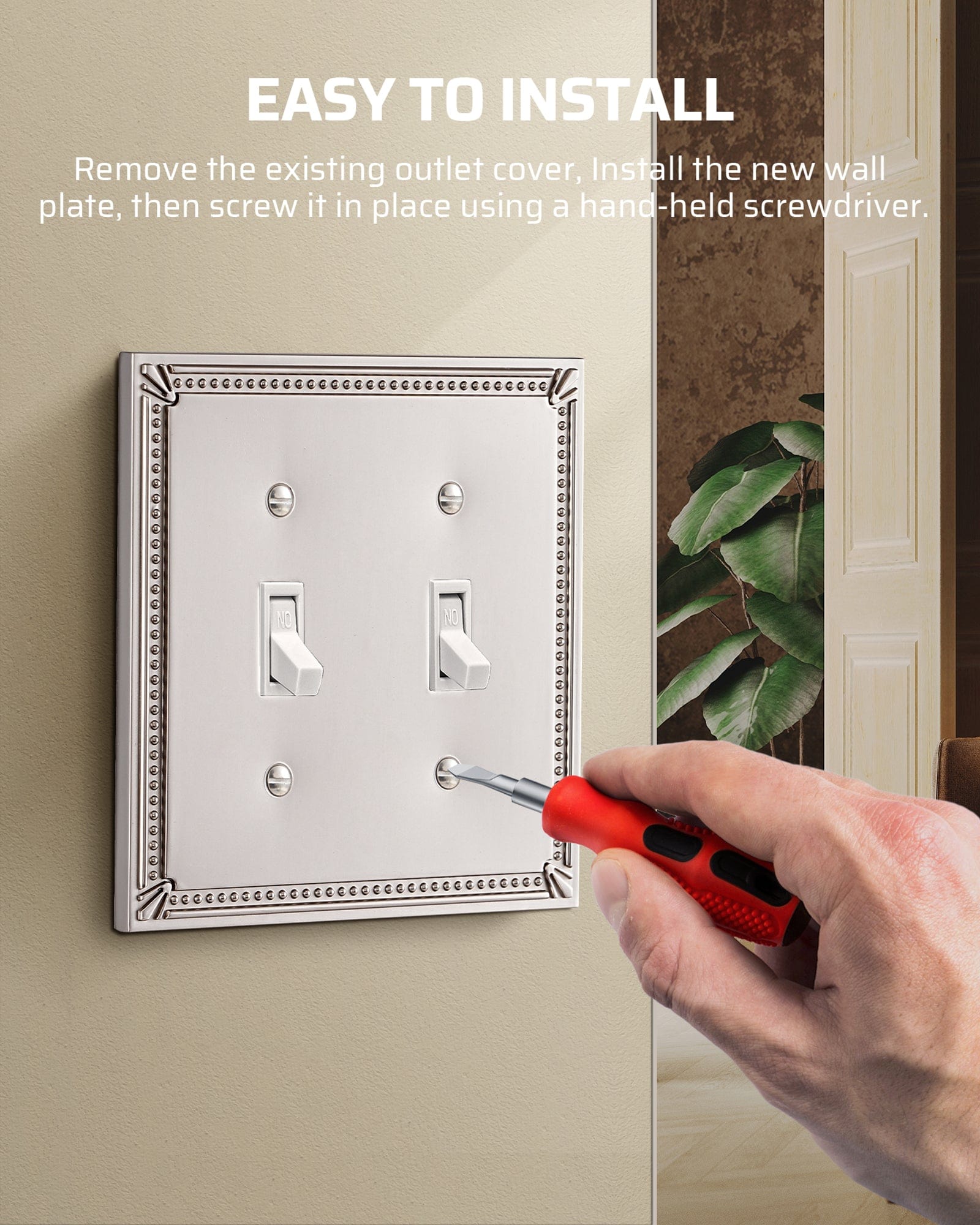 DEWENWILS 2 Pack Zinc Alloy Wall Plate Covers, 4.84"×4.84" Double Toggle Outlet Cover, Satin Nickel Finish Light Switch Plate Cover, Sunken Pearls Decorative Wall Plates Electrical Outlet Cover-HTTP04F