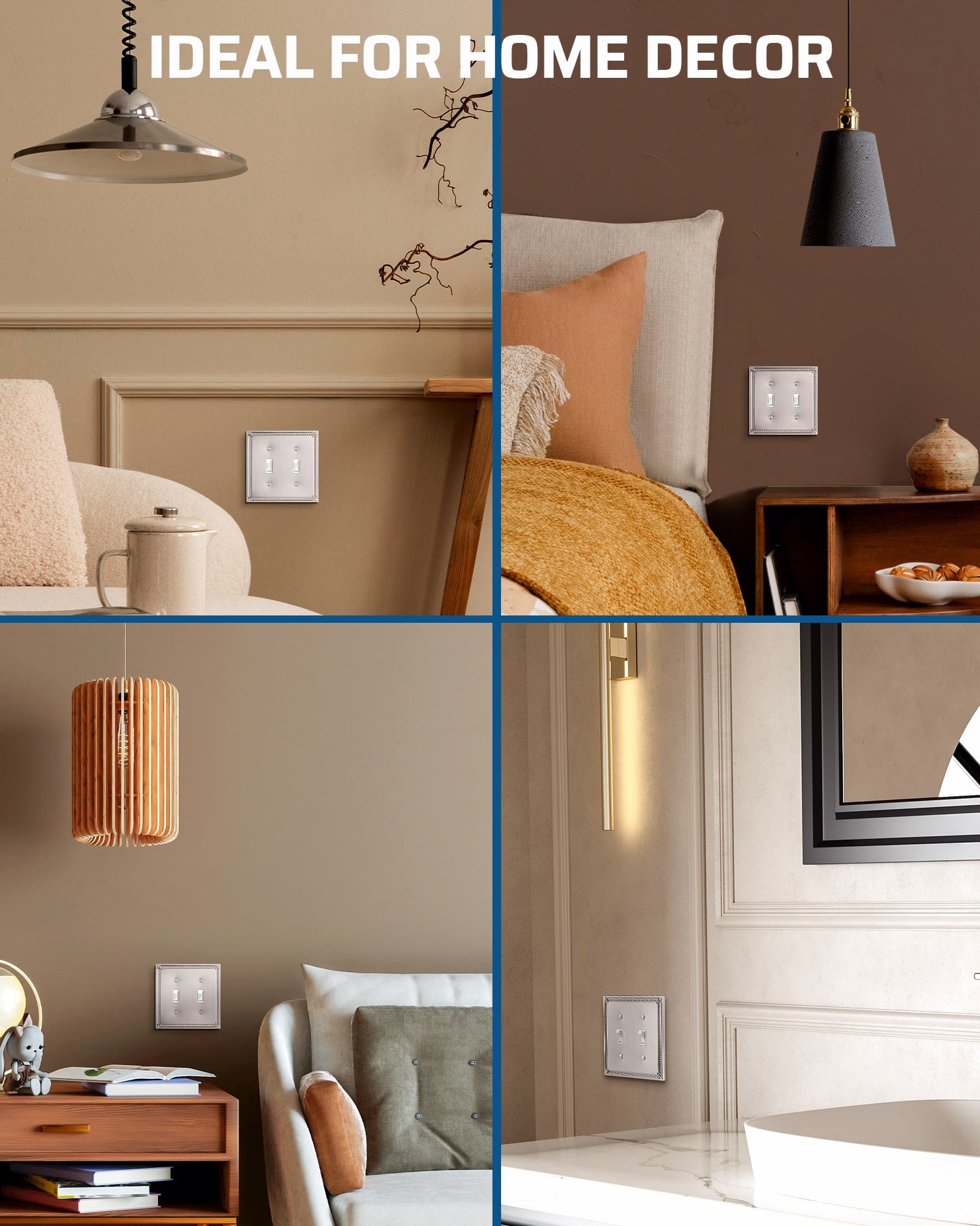 DEWENWILS 2 Pack Zinc Alloy Wall Plate Covers, 4.84"×4.84" Double Toggle Outlet Cover, Satin Nickel Finish Light Switch Plate Cover, Sunken Pearls Decorative Wall Plates Electrical Outlet Cover-HTTP04F