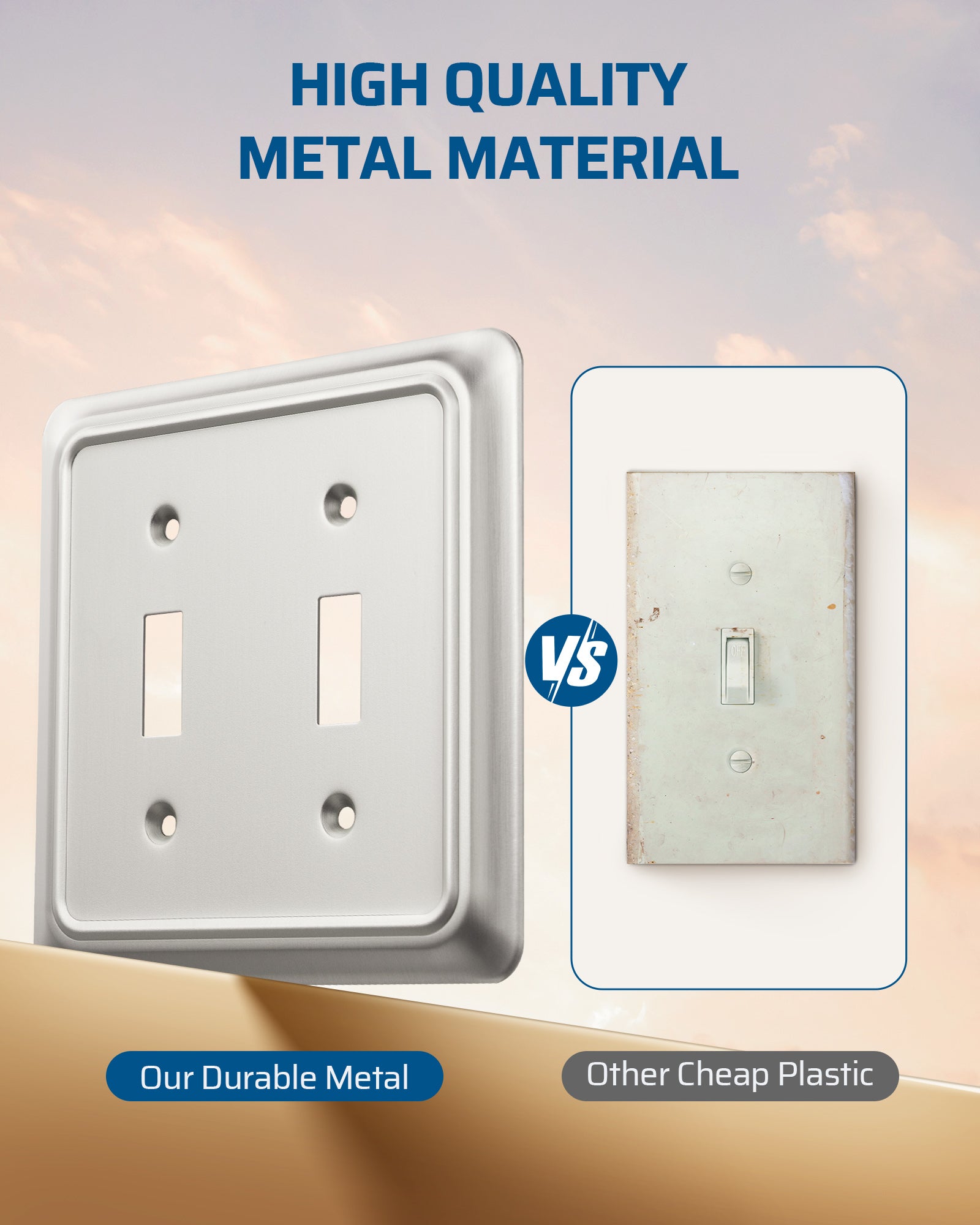 DEWENWILS 2-Pack Brushed Nickel Outlet Covers & Switch Plates — Decorative Metal Wall Plates, Round Corner Design for Light Switches & Double Toggle (1-Gang Standard Size)-HTTP06A