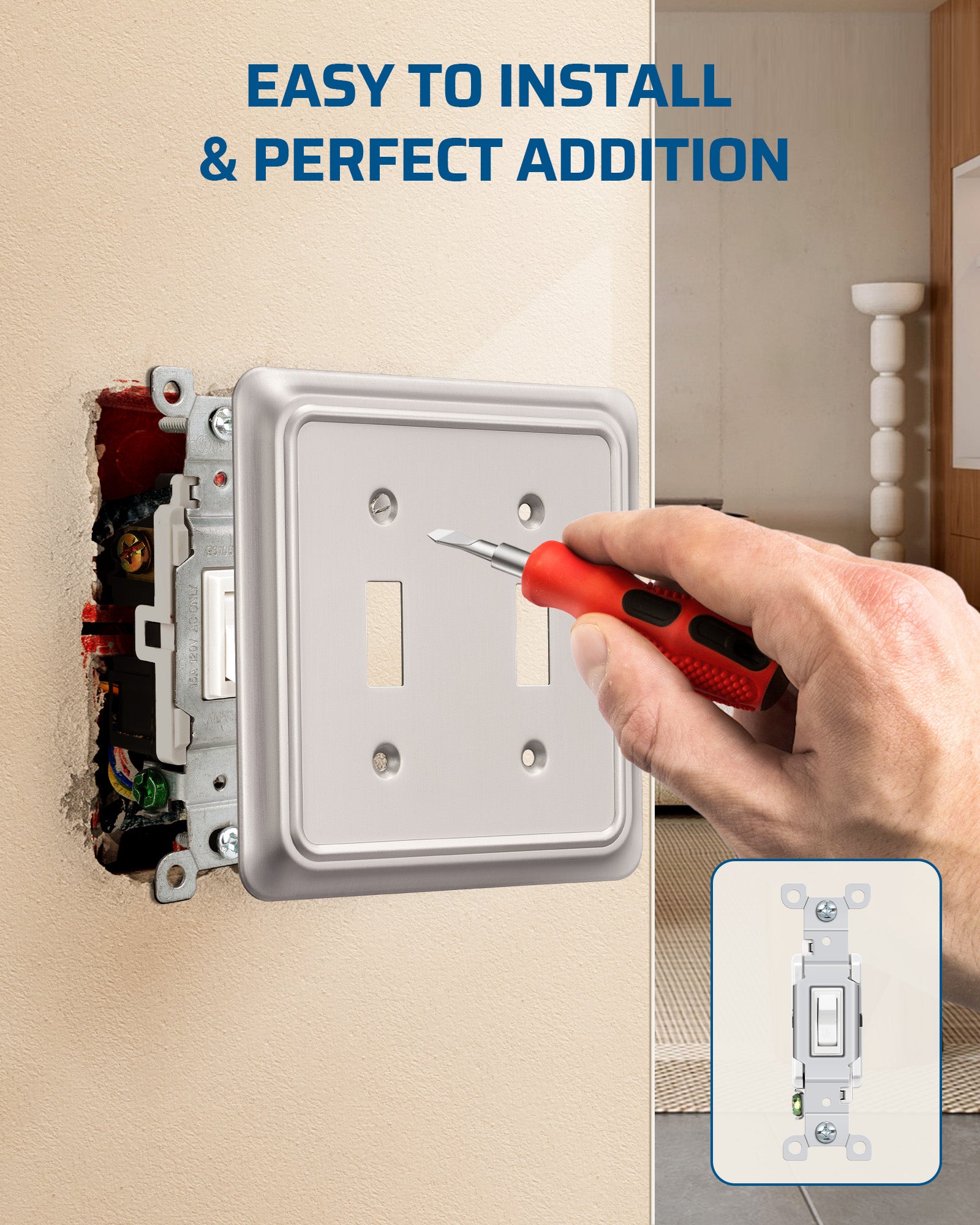 DEWENWILS 2-Pack Brushed Nickel Outlet Covers & Switch Plates — Decorative Metal Wall Plates, Round Corner Design for Light Switches & Double Toggle (1-Gang Standard Size)-HTTP06A