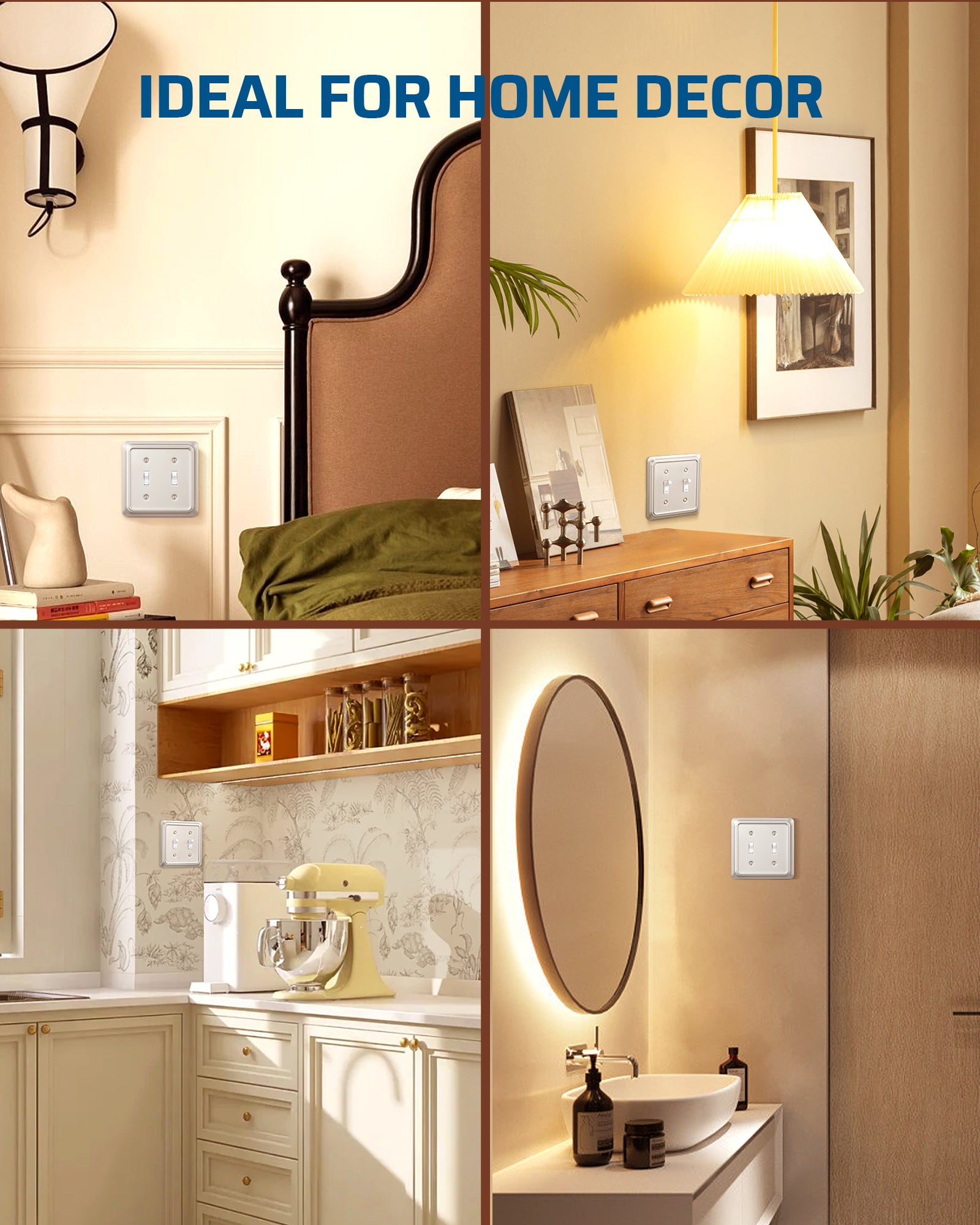 DEWENWILS 2-Pack Brushed Nickel Outlet Covers & Switch Plates — Decorative Metal Wall Plates, Round Corner Design for Light Switches & Double Toggle (1-Gang Standard Size)-HTTP06A