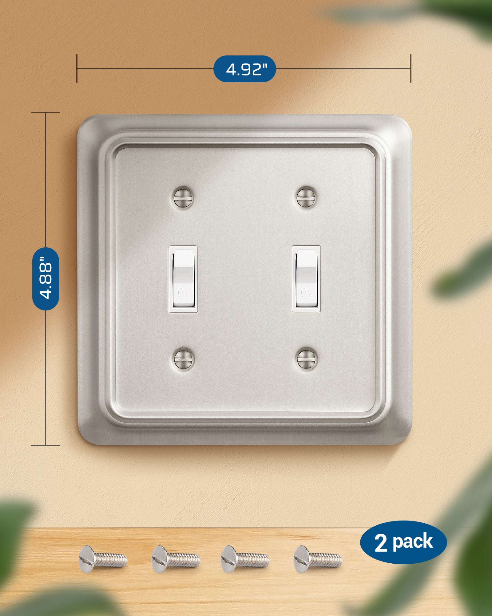 DEWENWILS 2-Pack Brushed Nickel Outlet Covers & Switch Plates — Decorative Metal Wall Plates, Round Corner Design for Light Switches & Double Toggle (1-Gang Standard Size)-HTTP06A