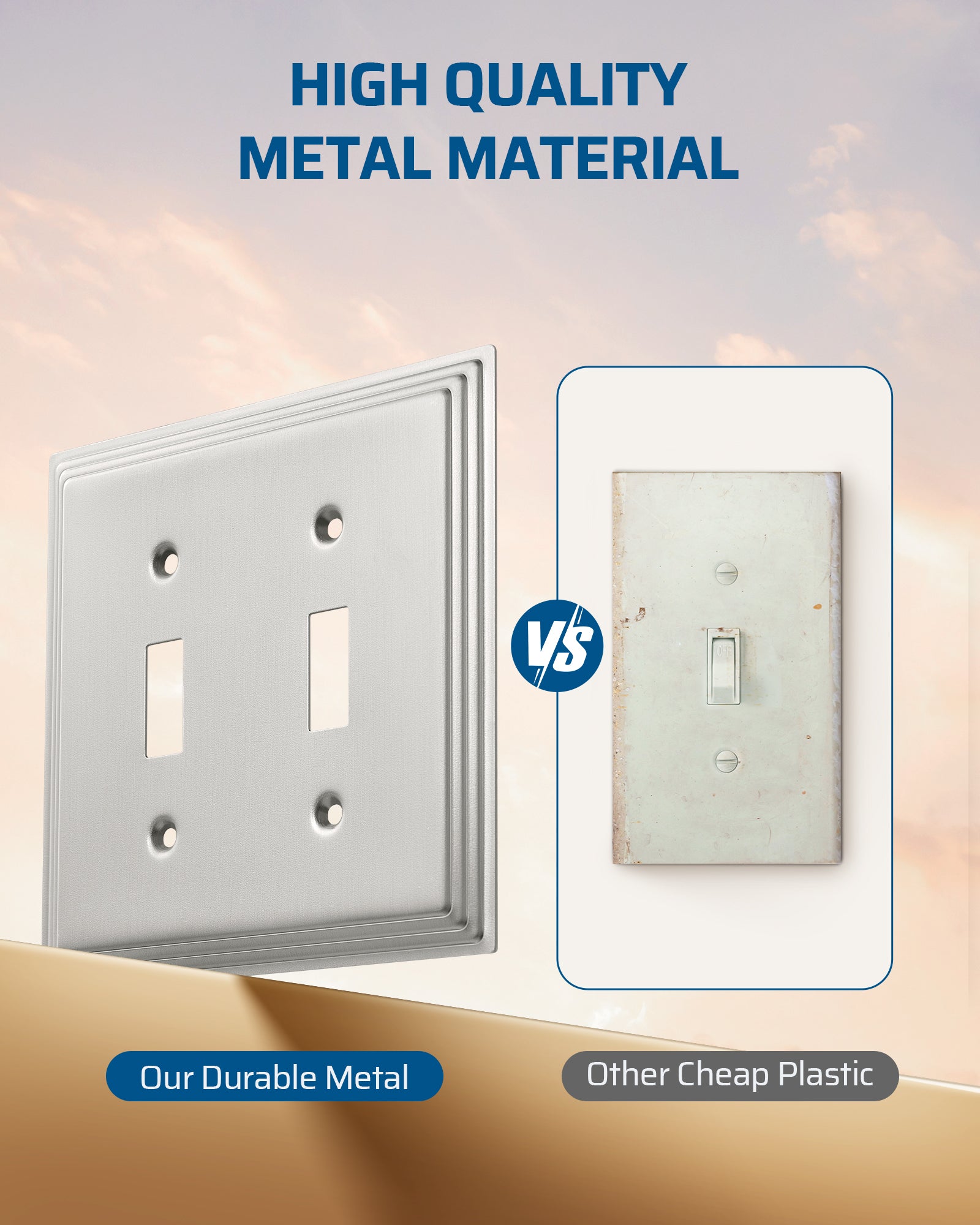 DEWENWILS 2-Pack Brushed Nickel Outlet Covers & Switch Plates — Decorative Metal Wall Plates for Light Switches & Double Toggle (1-Gang Standard Size)-HTTP07A