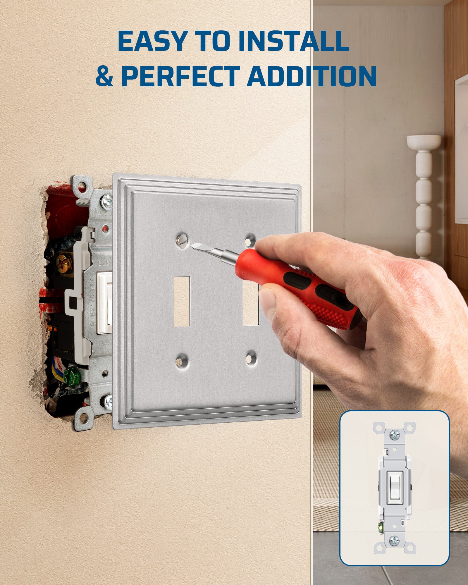 DEWENWILS 2-Pack Brushed Nickel Outlet Covers & Switch Plates — Decorative Metal Wall Plates for Light Switches & Double Toggle (1-Gang Standard Size)-HTTP07A