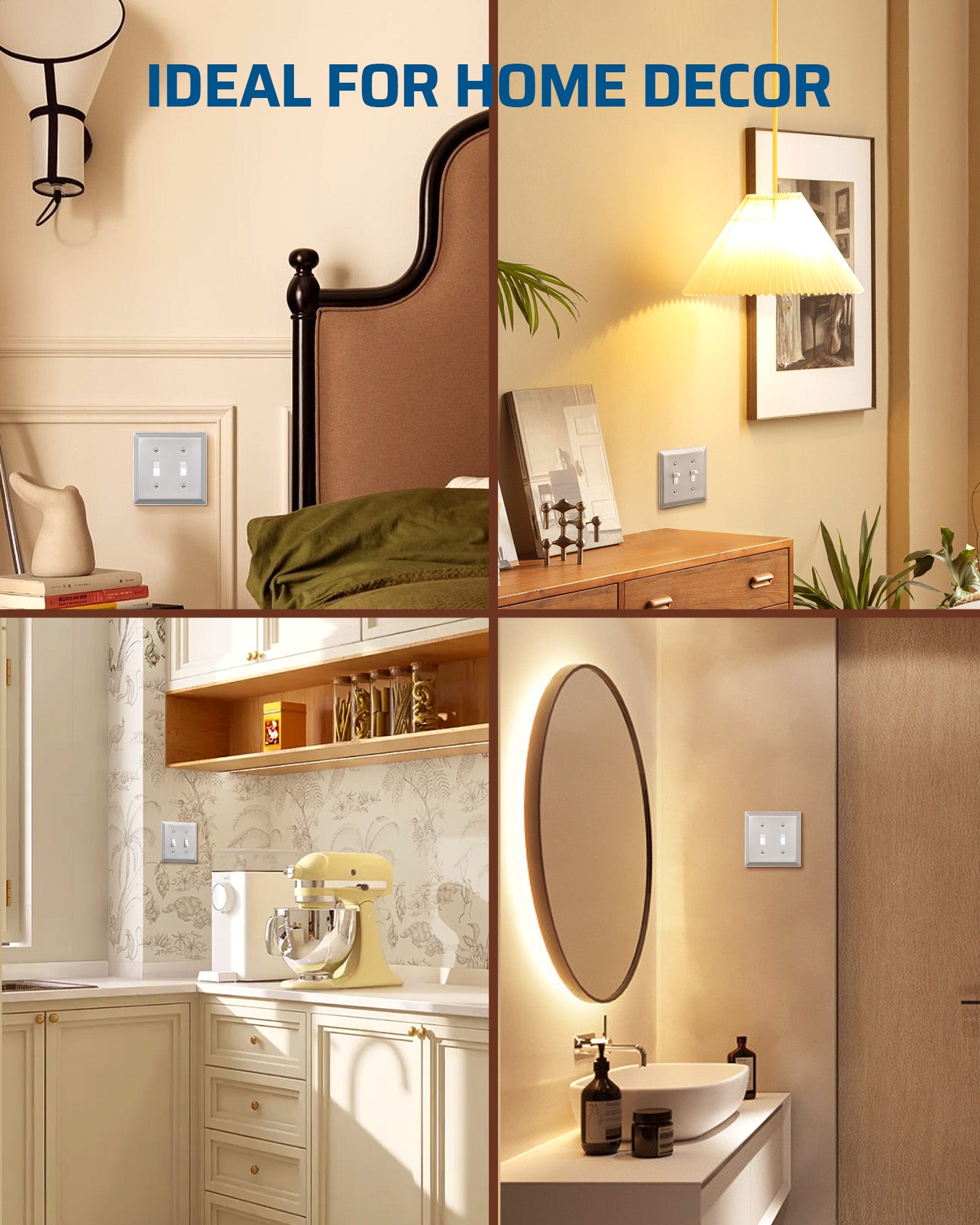 DEWENWILS 2-Pack Brushed Nickel Outlet Covers & Switch Plates — Decorative Metal Wall Plates for Light Switches & Double Toggle (1-Gang Standard Size)-HTTP07A