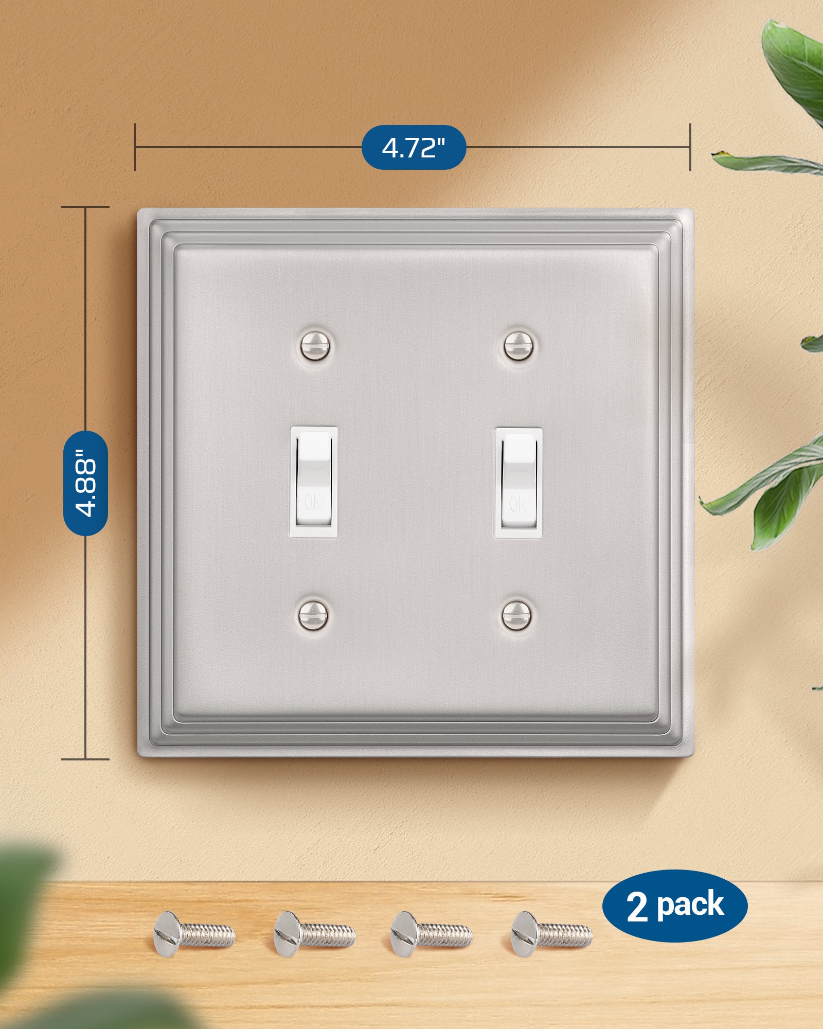 DEWENWILS 2-Pack Brushed Nickel Outlet Covers & Switch Plates — Decorative Metal Wall Plates for Light Switches & Double Toggle (1-Gang Standard Size)-HTTP07A