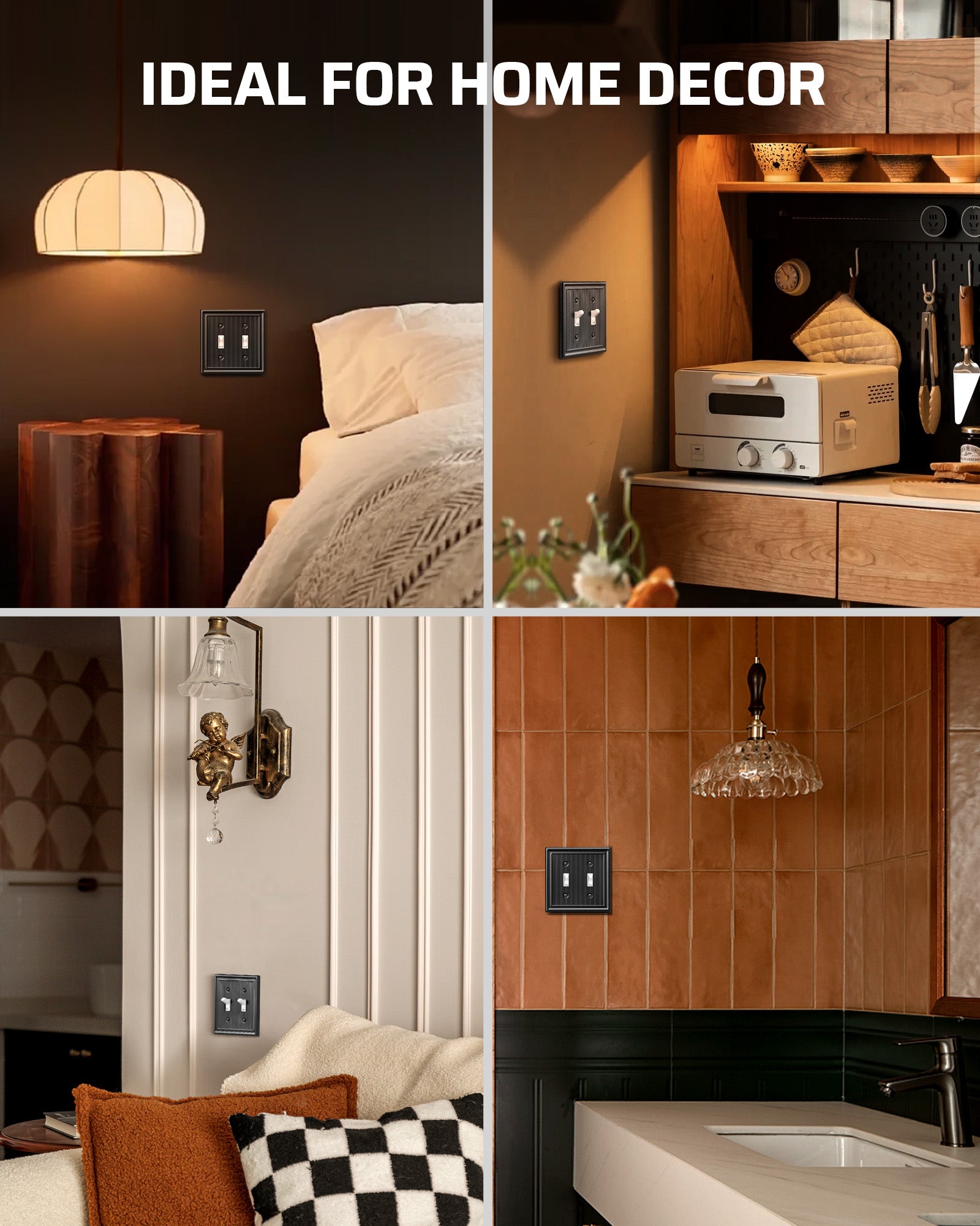 DEWENWILS 2-Pack Black Outlet Covers & Switch Plates — Decorative Metal Wall Plates for Light Switches & Double Toggle (1-Gang Standard Size)-HTTP08D