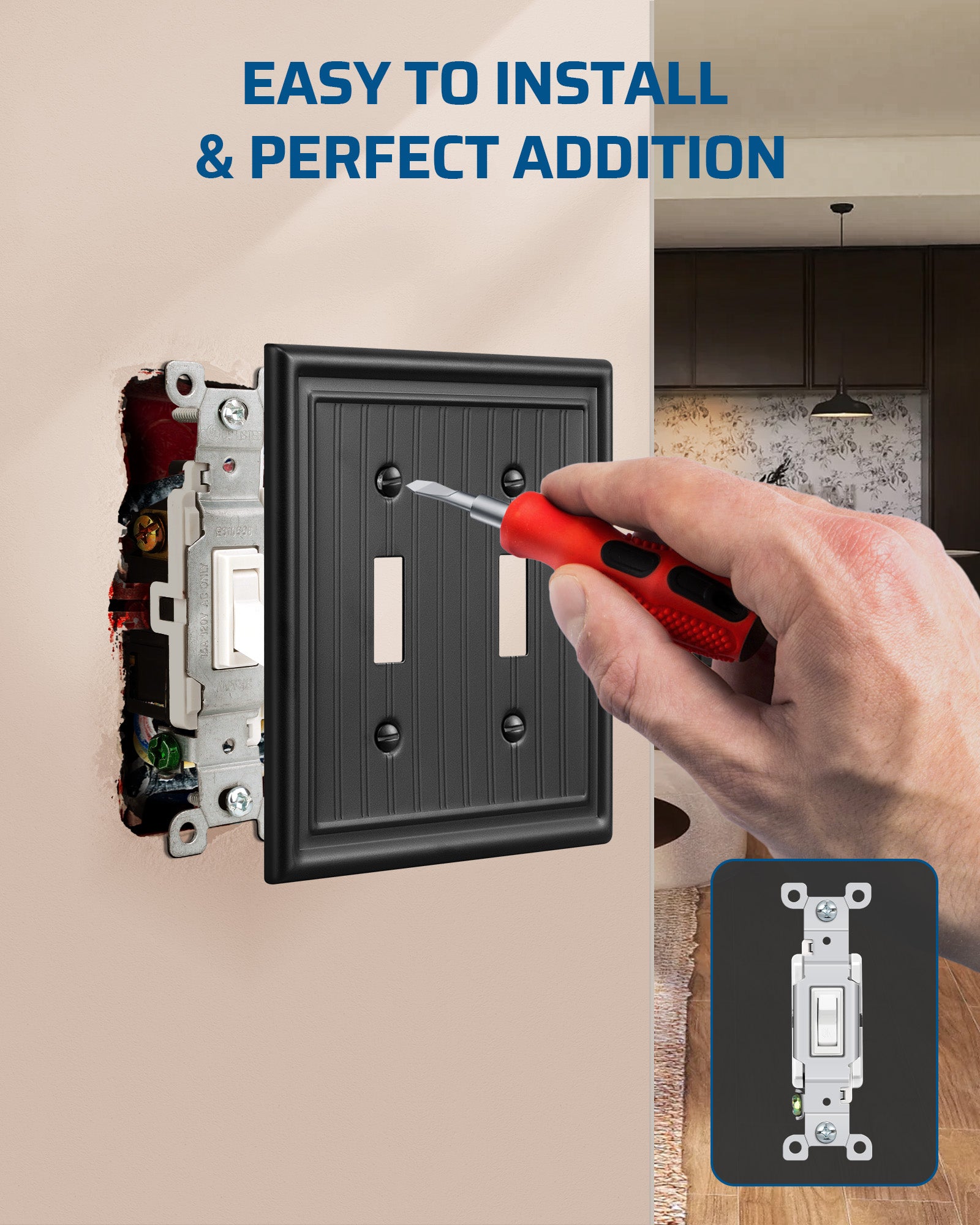 DEWENWILS 2-Pack Black Outlet Covers & Switch Plates — Decorative Metal Wall Plates for Light Switches & Double Toggle (1-Gang Standard Size)-HTTP08D