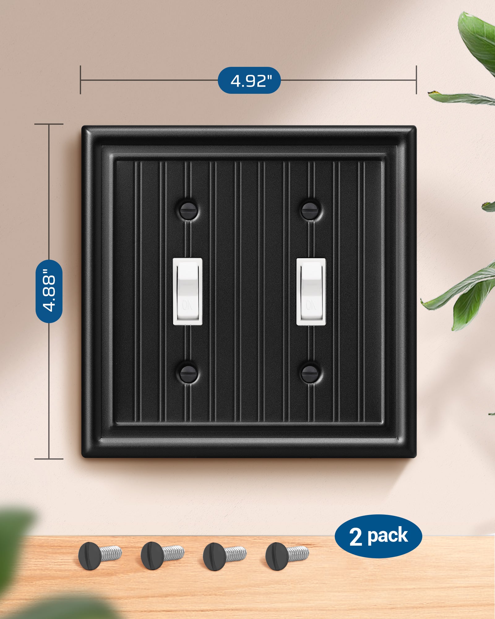DEWENWILS 2-Pack Black Outlet Covers & Switch Plates — Decorative Metal Wall Plates for Light Switches & Double Toggle (1-Gang Standard Size)-HTTP08D
